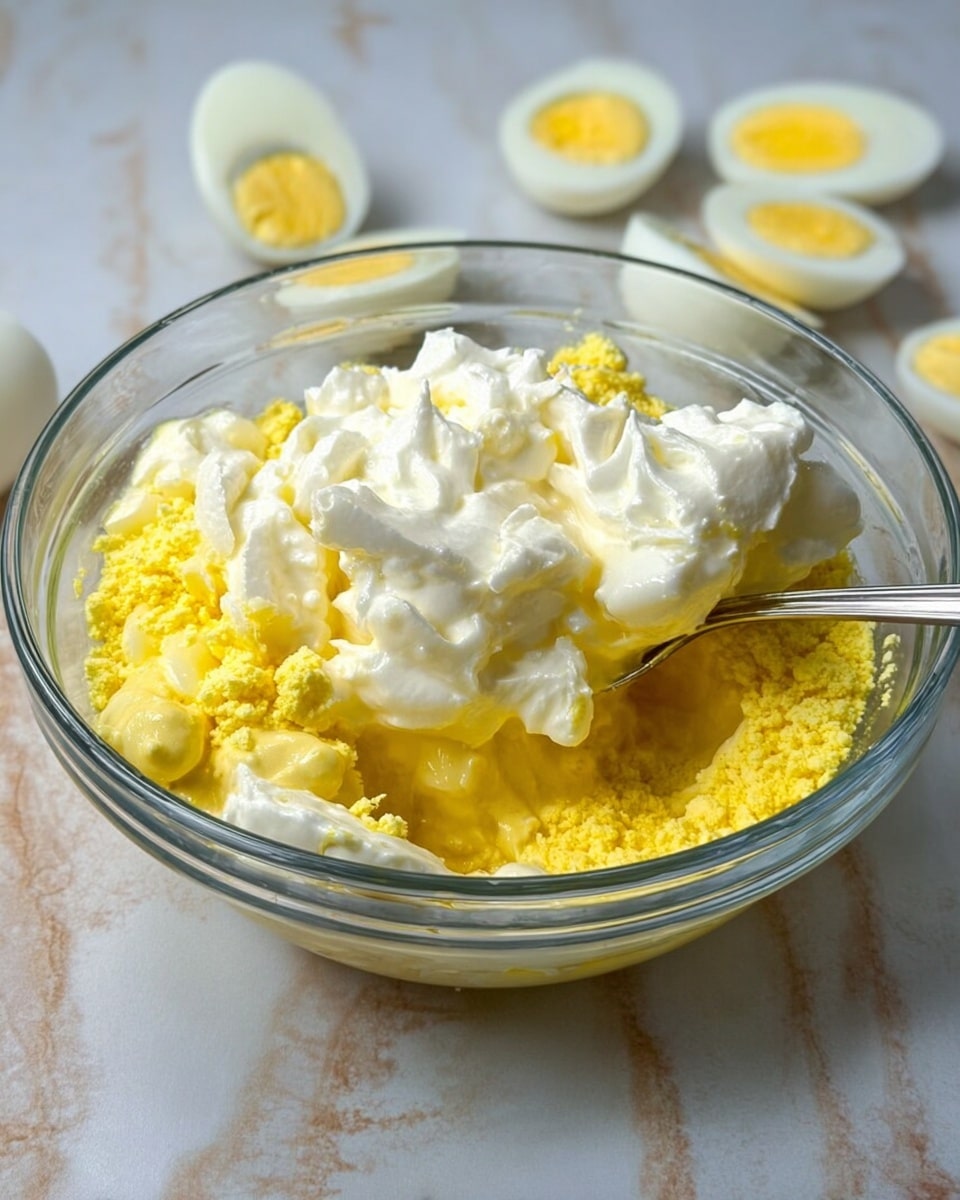 A clear glass bowl contains three main layers: a bottom layer of crumbled yellow egg yolks, a middle layer of yellow mustard dollops slightly hidden by the top layer, and a top layer of thick white mayonnaise dollops spread unevenly. The bowl sits on a white marbled surface with halved boiled eggs placed in the background around the bowl. A metal spoon rests inside the bowl, partially covered by the mayonnaise. Photo taken with an iphone --ar 4:5 --v 7