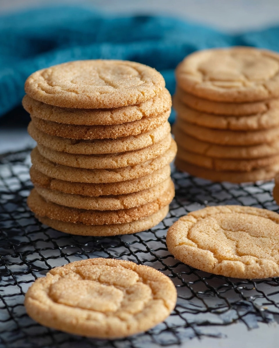 A stack of ten round light brown cookies with a slightly cracked and textured surface rests on a black wire cooling rack, centered in the image. In the background, on a blue cloth, two more stacks of similarly sized cookies are visible; one stack is taller, and the other has two cookies laid flat next to each other. The surface beneath the rack and cookies has crumbs scattered around, all set against a white marbled texture. photo taken with an iphone --ar 4:5 --v 7