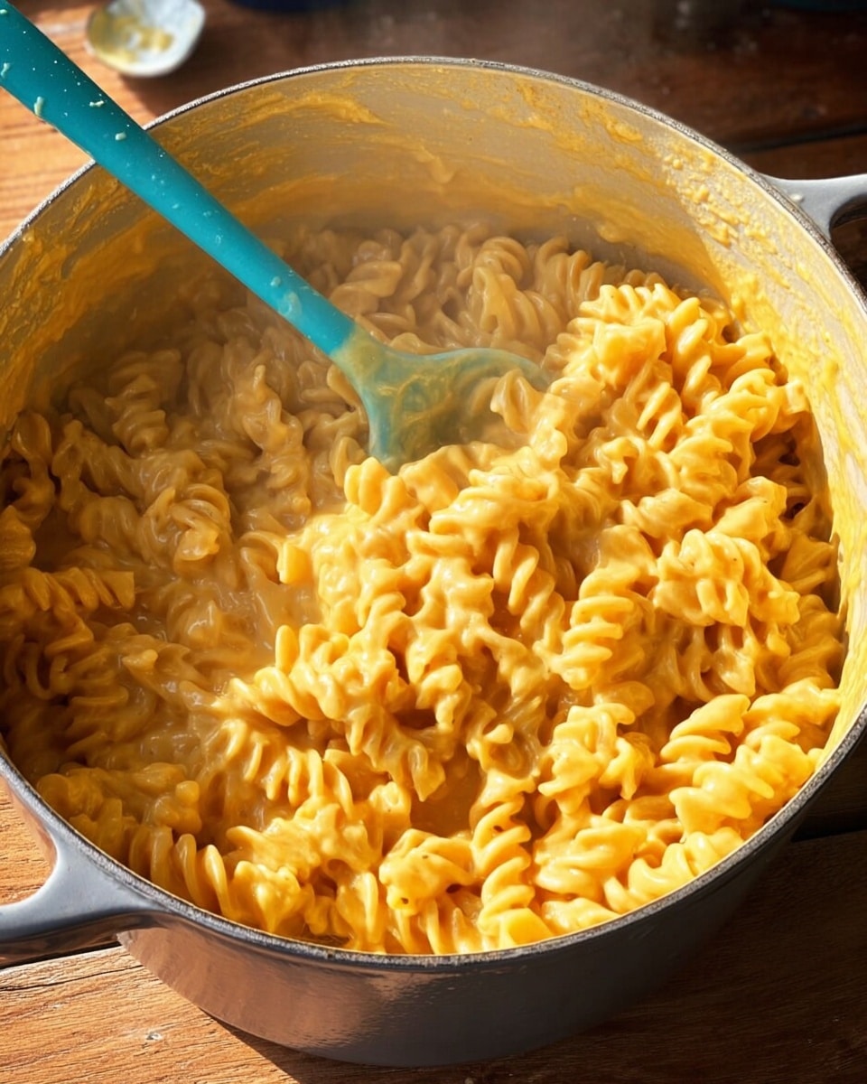 A large gray pot filled with short spiral pasta covered in thick, creamy orange-yellow cheese sauce that clings smoothly to each noodle, creating a rich texture. The pot is sitting on a wooden surface, with some sauce residue coating the inner sides. A turquoise spoon is partly submerged in the pasta, slightly lifting some spirals. Steam rises gently from the dish, showing it is warm and freshly made. photo taken with an iphone --ar 4:5 --v 7