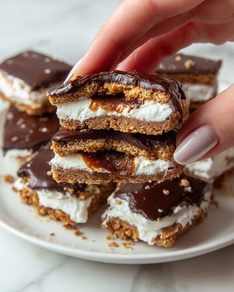 A close-up of a dessert showing a woman's hand holding a piece that is broken in half to reveal four layers: the top layer is a textured light brown graham cracker covered with smooth dark chocolate, the second layer is white fluffy cream, the third layer is a sticky dark brown filling, and the bottom layer is another graham cracker smeared with white cream around the edges; more of the same dessert pieces are scattered on a white plate, all placed on a white marbled textured surface. Photo taken with an iphone --ar 4:5 --v 7