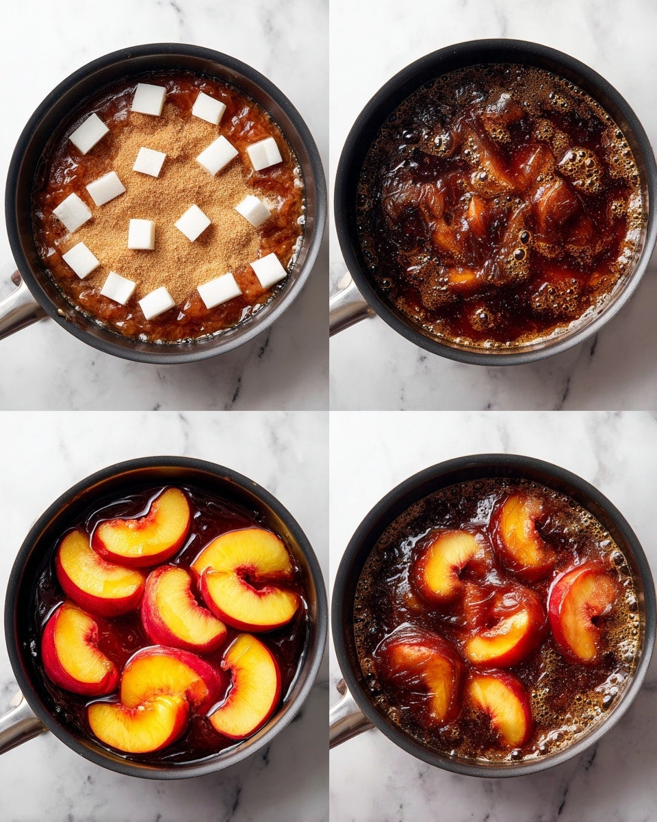 A black pan is shown in four steps on a white marbled surface. In the first step, the pan holds a mix of light brown sugar, white butter cubes, and a sprinkle of cinnamon powder. The second step shows the ingredients melted and bubbling with a rich dark brown color covering the pan's base. In the third step, slices of red-skinned peach with bright yellow inside are spread evenly on top of the dark brown sauce layer. The fourth step shows the peach slices simmering in the thick, bubble-filled dark brown caramel sauce that partially covers the fruit. photo taken with an iphone --ar 4:5 --v 7