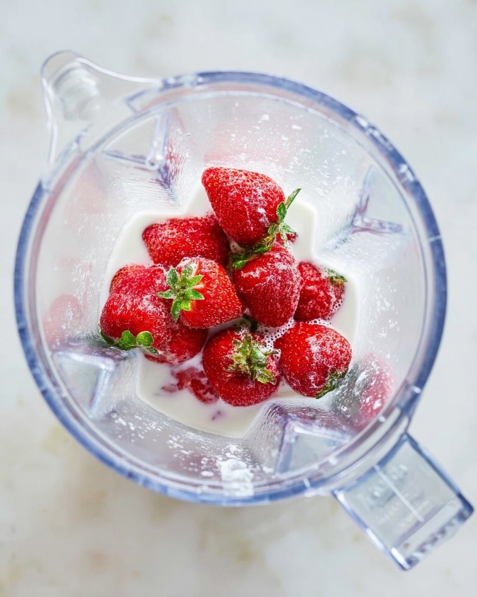 A clear blender container seen from above holds a small pile of whole red strawberries with green leaves on top, sitting in a small pool of white liquid at the bottom, some of which splashes lightly on the sides of the container. The blender rests on a white marbled surface, with soft light highlighting the fresh fruit and the transparent plastic of the blender. photo taken with an iphone --ar 4:5 --v 7