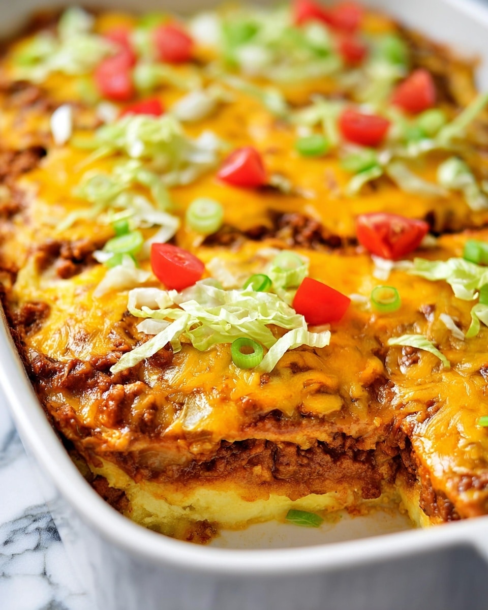 A close-up of a white dish filled with eight cheesy layered pieces of a baked casserole. The bottom layer is creamy yellow, topped with a thick layer of brownish-orange meat mixed with melted orange-yellow cheese. Small pieces of green onion and red tomato are scattered on top, along with thin strips of light green lettuce, adding color contrast. The edges of the dish are clean, and the background is a white marbled surface. Photo taken with an iphone --ar 4:5 --v 7