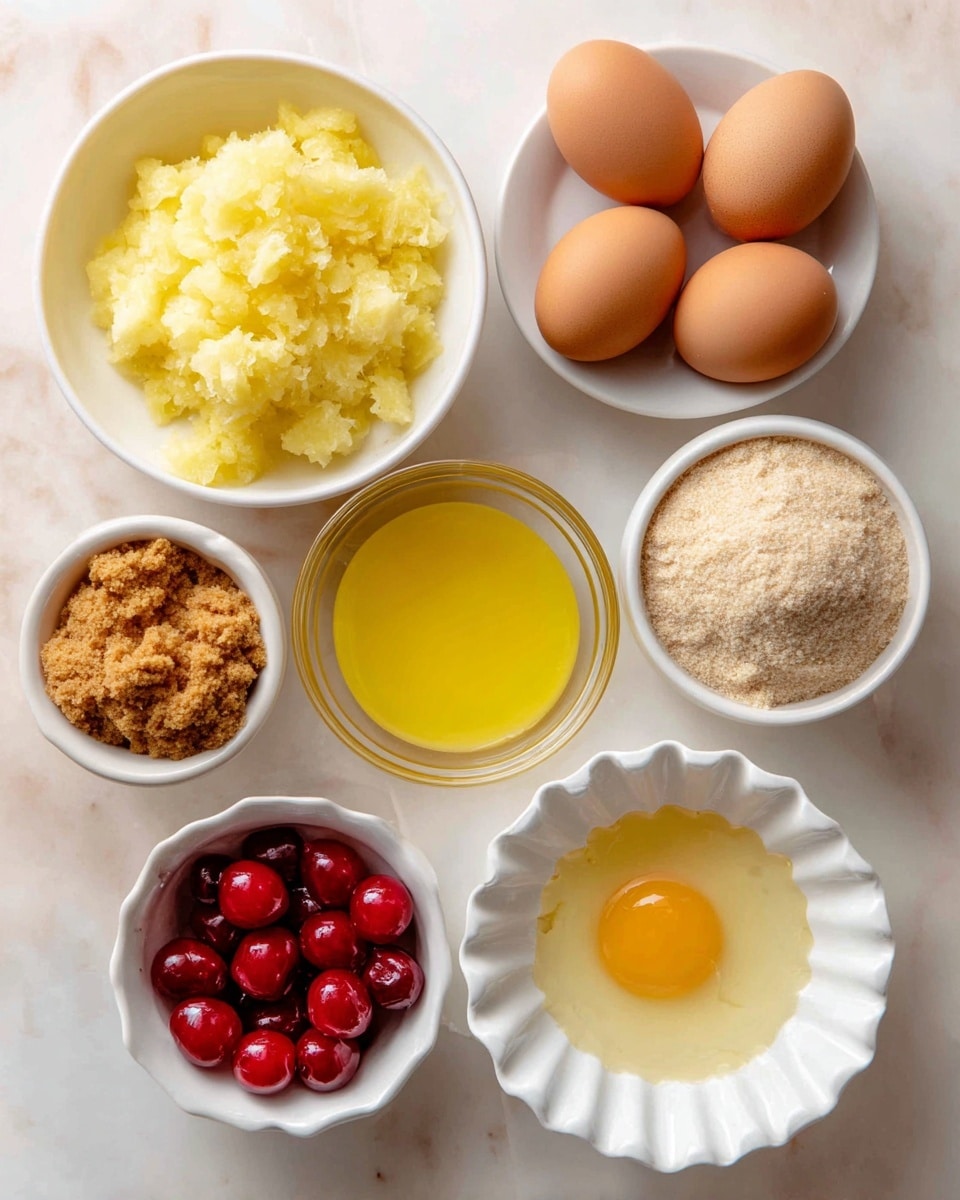 The image shows ingredients for a pineapple cake arranged neatly on a white marbled surface. There is a yellow and white packet of Duncan Hines Perfectly Moist Pineapple Supreme cake mix at the top left. Below and to the left, a white bowl is filled with crushed pineapple. Next to it, towards the center, are two small clear glass bowls; one holds melted butter with a smooth yellow texture and the other holds bright yellow pineapple juice. To the right of these, a white bowl contains light brown, crumbly brown sugar, and next to it, a small white bowl is filled with red cherries gleaming with juice. Below, three brown eggs are placed in a small white bowl with a smooth surface. At the top center, there is a small ruffled white bowl filled with a pale, creamy liquid labeled as oil. The light in the photo is natural, making the colors bright and fresh. Photo taken with an iphone --ar 4:5 --v 7