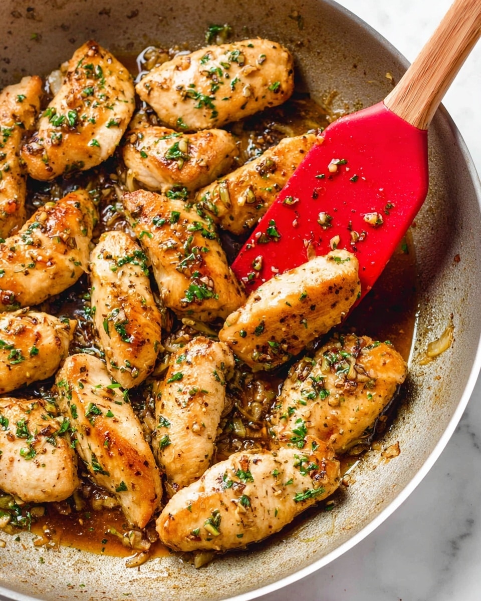 A close-up view of a pan filled with about ten light brown chicken pieces, cooked and scattered evenly across the pan. The chicken pieces have a slight golden color with small green herbs sprinkled on top. A bright red spatula with a wooden handle is lifting one piece from the right side of the pan. The pan has a greasy brown sauce with bits of cooked garlic and herbs around the chicken. The background is a white marbled surface. Photo taken with an iphone --ar 4:5 --v 7