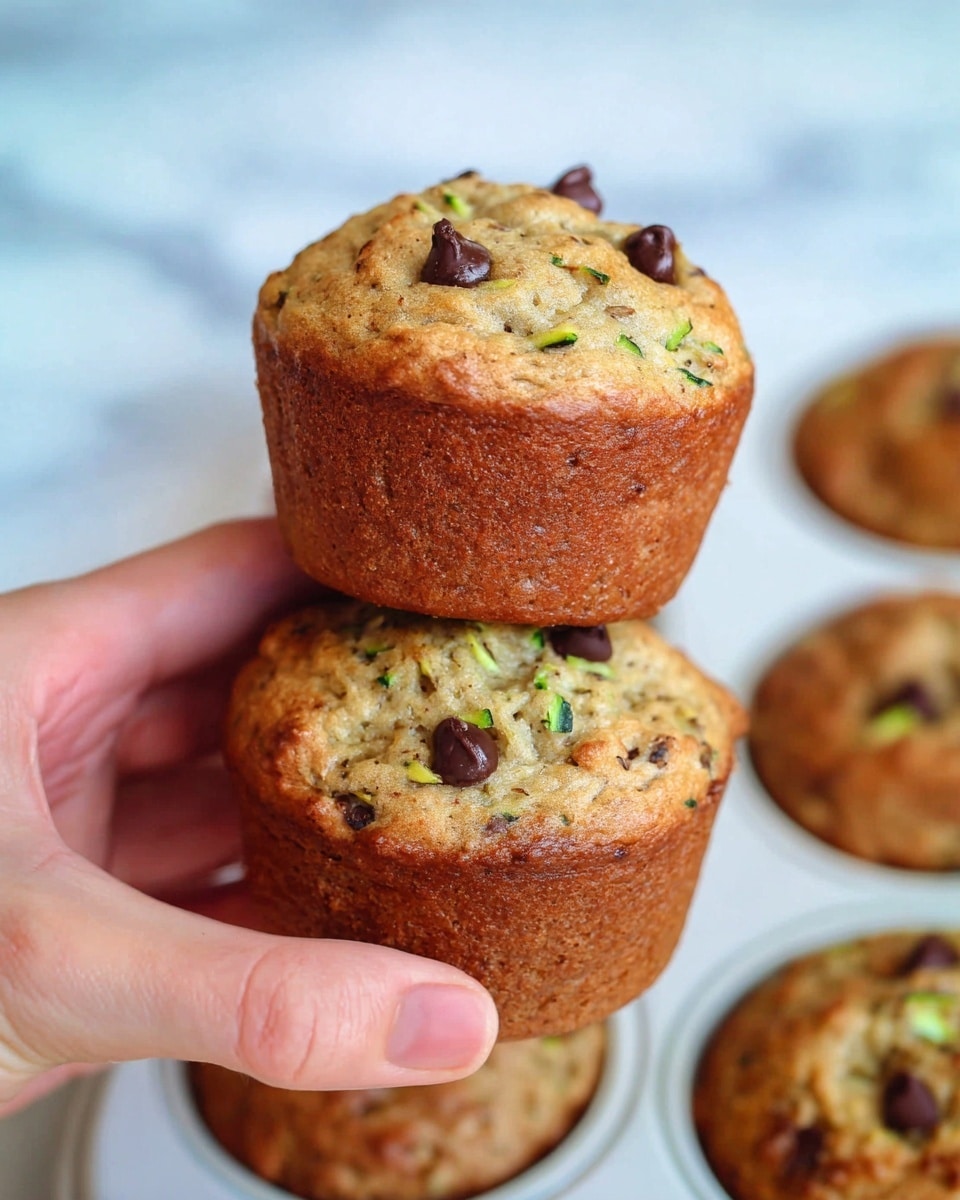 A close-up view shows a woman's hand holding two stacked muffins, both golden brown with a slightly rough texture and small pieces of green zucchini inside. The muffins have a few dark chocolate chips on top. In the background, more muffins sit in a white muffin tray on a white marbled surface. The image has a fresh and homemade feel. photo taken with an iphone --ar 4:5 --v 7