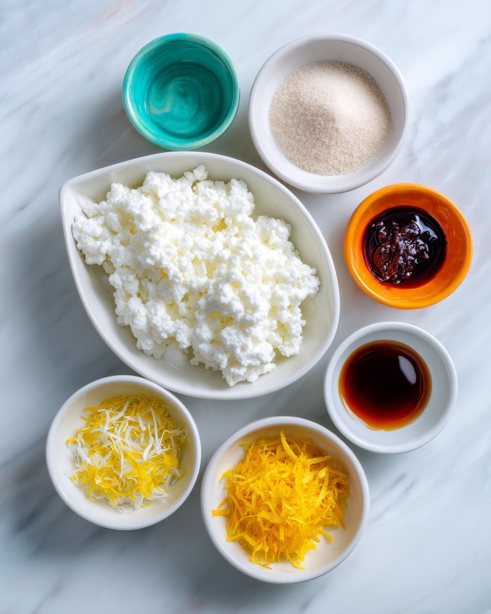 The image displays seven small white bowls and one white oval dish arranged on a white marbled surface. The oval dish in the center contains white cottage cheese with a lumpy texture. Surrounding it are six small round white bowls containing different ingredients: a translucent liquid labeled water, fine beige gelatin powder, bright yellow lemon zest with a shredded texture, dark amber maple syrup, dark brown vanilla extract, and pale yellow lemon juice. Each ingredient is clearly labeled with colorful tags in teal or orange. The scene is bright and clean with a simple, organized layout photo taken with an iphone --ar 4:5 --v 7