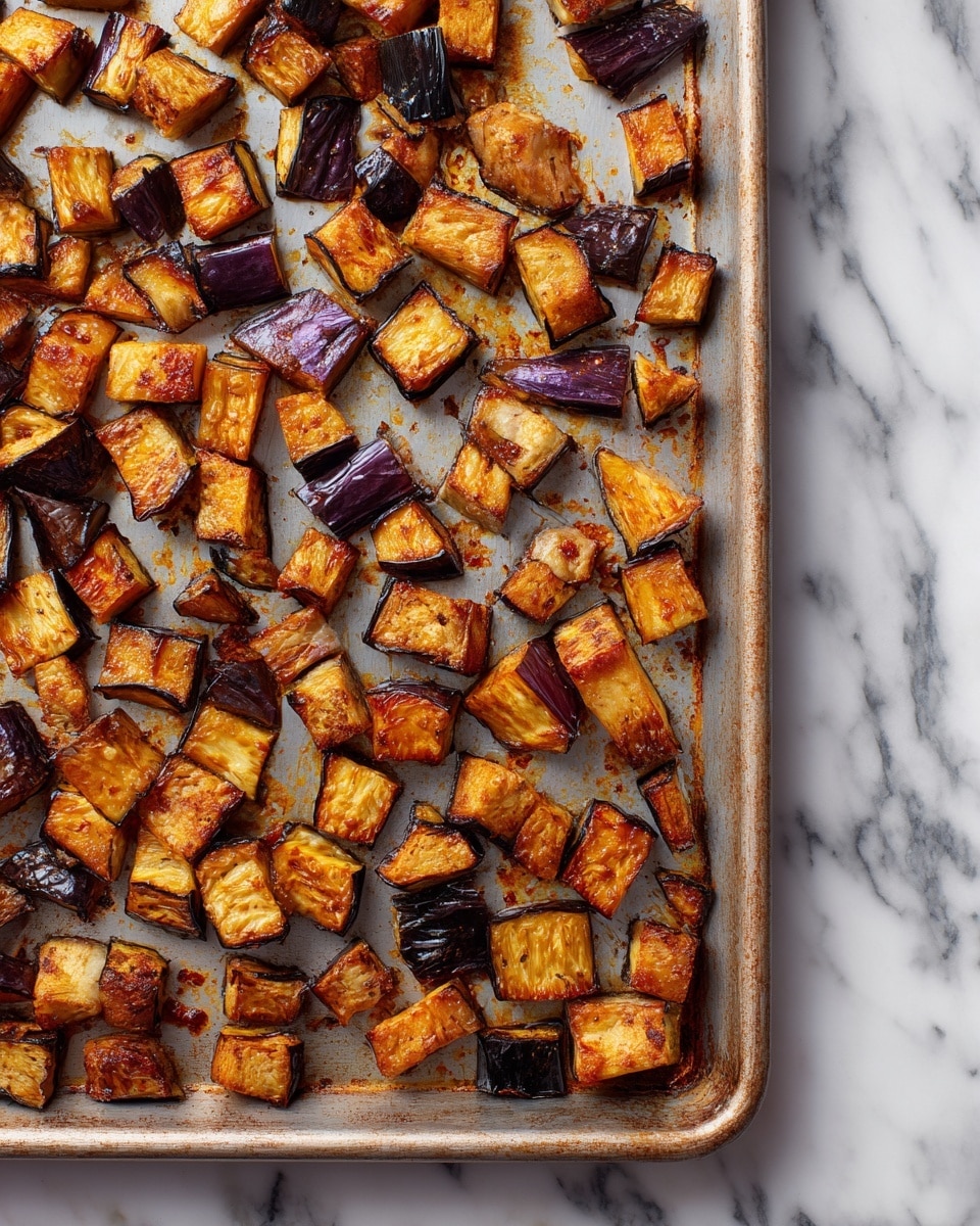 The image shows many small pieces of roasted eggplant spread out evenly on a metal baking tray. Each piece has a rich golden brown color with darker charred edges and some shiny deep purple skin still visible on some pieces. The eggplants are cut into various shapes, mostly cubes and rectangles, with a slightly wrinkled and crisp texture on top. The tray surface has some light scratches and oil stains, adding to the roasted look. The background features a white marbled surface. photo taken with an iphone --ar 4:5 --v 7