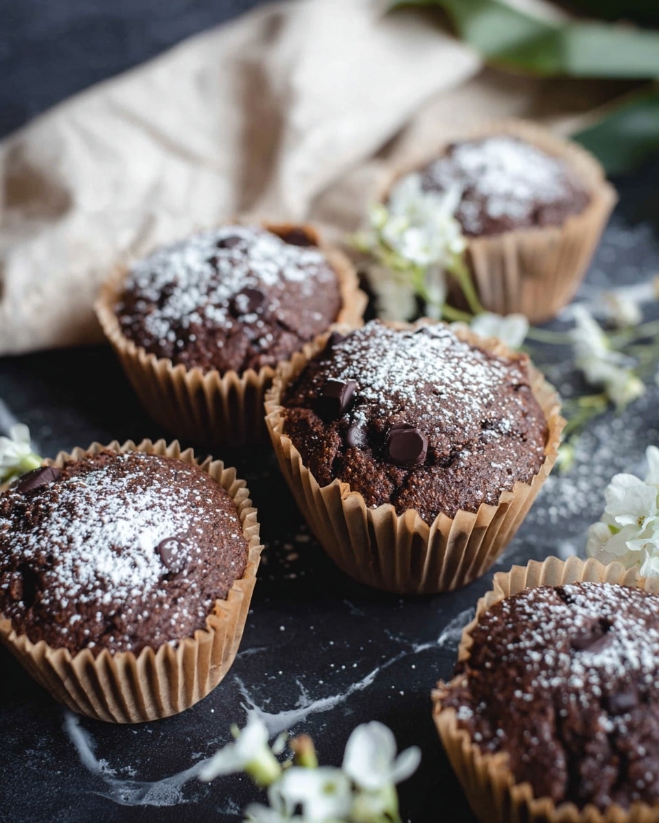 The image shows four chocolate muffins, each inside a light brown paper cup. The muffins have a dark chocolate color with small chunks visible on the surface. A fine dusting of white powdered sugar is sprinkled unevenly on top of each muffin. They are placed on a dark surface with a white marbled texture in the background. Small white flowers and a beige cloth are seen around the muffins, adding a soft touch to the scene. Photo taken with an iphone --ar 4:5 --v 7
