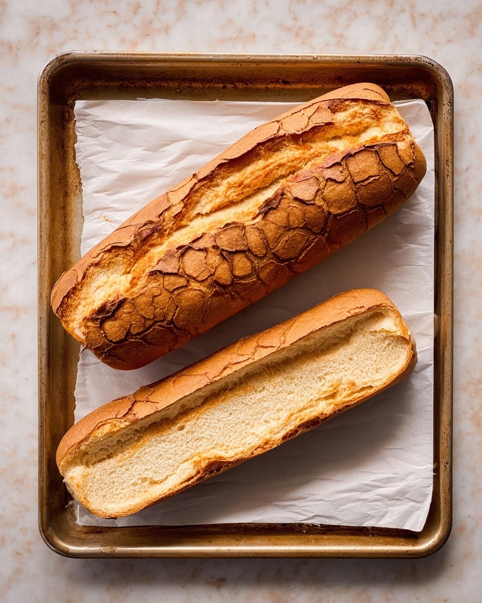 The image shows two long, golden brown tiger bread loaves on a baking tray lined with white paper. One loaf is placed at the top, whole, with a cracked crust pattern on its surface. The other loaf, placed below it, is sliced fully in half lengthwise, revealing a soft, light beige inside crumb. The tray rests on a white marbled surface. photo taken with an iphone --ar 4:5 --v 7