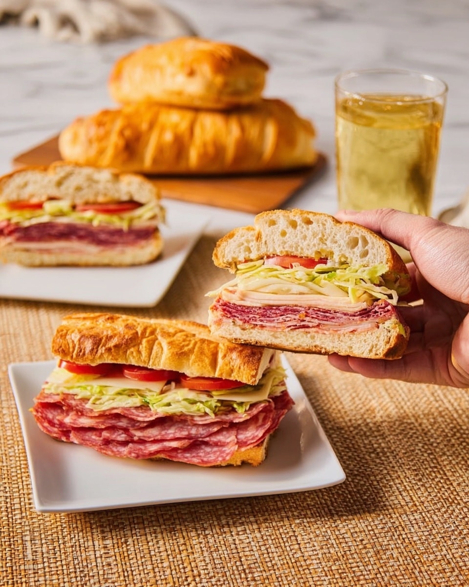 The image shows a close-up of a sandwich held by a woman's hand, with a thick crusty sandwich bun that is toasted golden brown on top. Inside the sandwich, there are multiple layers: a bottom layer of thinly sliced salami in deep red color, followed by layers of pink deli meat, pale sliced cheese, green shredded lettuce, and slices of red tomato, all neatly stacked between the bread. In the background, another half of the sandwich sits on a white square plate, showing the same layers. On the left side, there is another white plate with a smaller sandwich half with similar fillings, and behind it, two whole sandwich buns sit on a white plate on a textured beige mat. To the right, a clear glass filled with a light yellow beverage adds to the scene, all set on a white marbled surface. Photo taken with an iphone --ar 4:5 --v 7