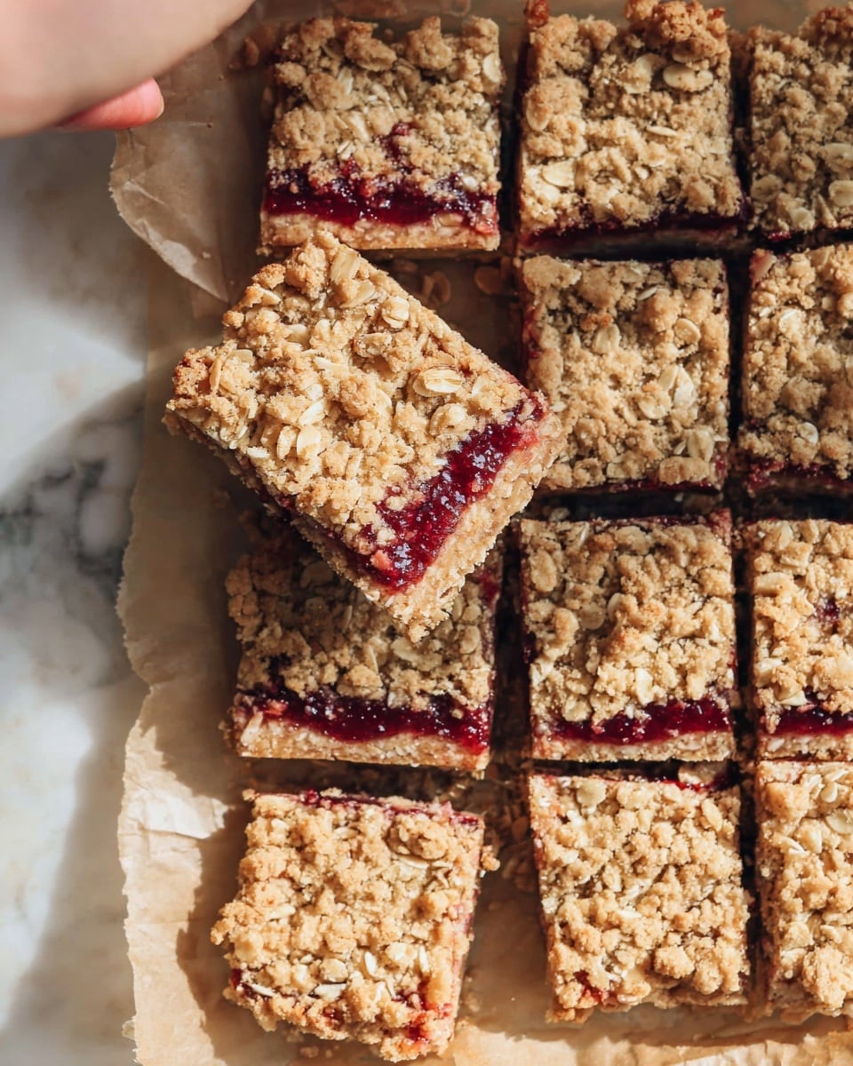 This image shows a group of oat bars arranged in a grid on a light brown parchment paper over a white marbled surface. Each bar has three layers: the bottom layer is a dense, golden brown oat crust with a slightly rough texture; the middle layer is a thin, rich red fruit jam that looks smooth and shiny; the top layer is a crumbly, toasted oat mixture that is light brown with visible whole oats scattered unevenly. One bar is lifted in the center by a woman's hand, showing the three clear layers from the side. The lighting is soft and natural, highlighting the textures and warm colors. photo taken with an iphone --ar 4:5 --v 7