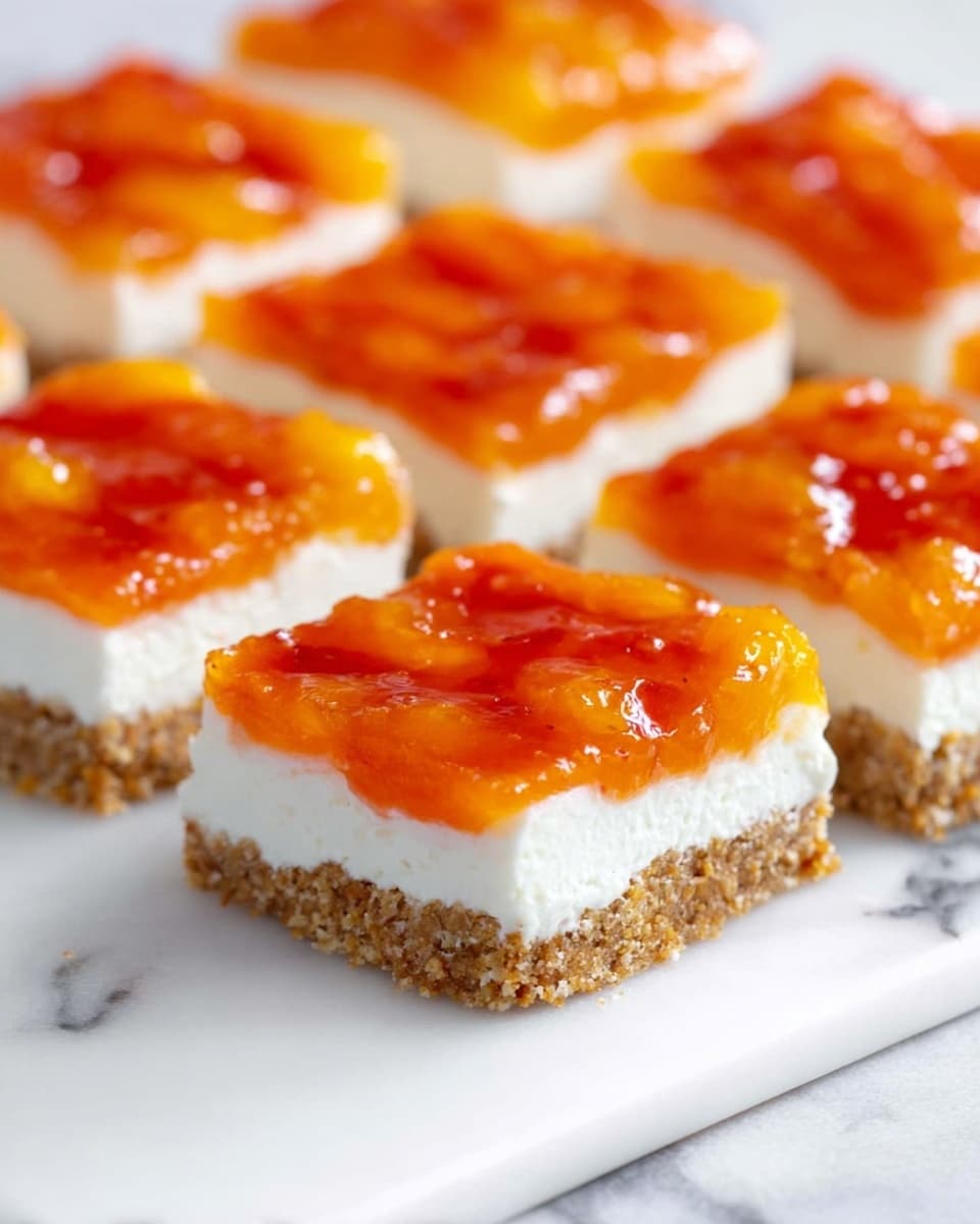 The image shows eight square dessert bars arranged in two rows on a white marbled surface. Each bar has three distinct layers: the bottom layer is a rough, light brown crumbly crust, the middle layer is smooth and creamy white, and the top layer is a shiny, bright orange fruit topping with visible pieces of fruit giving a textured, glossy finish. The bars are cut evenly and closely placed, showcasing the contrast between the layers clearly. Photo taken with an iphone --ar 4:5 --v 7
