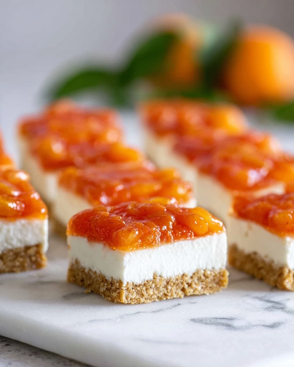 This image shows six square dessert bars arranged in two rows on a white marbled surface. Each bar has three layers: the bottom layer is a light brown crumbly crust, the middle layer is a smooth and thick white cream, and the top layer is an orange glossy fruit topping that looks like chopped apricots or peaches in syrup. The background has a blurred orange fruit and some green leaves. The texture of the crust looks grainy, the cream is soft and fluffy, and the fruit topping is shiny and slightly chunky. Photo taken with an iphone --ar 4:5 --v 7