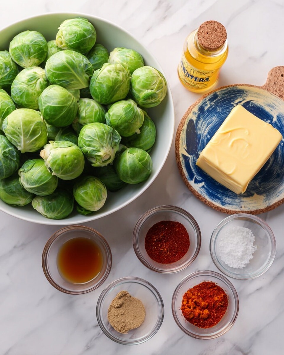 A white bowl filled with small bright green brussels sprouts sits on the left side, showing their round shapes and leafy texture. On the right side, there is a round white plate with a blue marbled pattern, holding a small block of pale yellow butter, a small yellow honey bear bottle, and six small glass bowls arranged around them. These bowls contain different ingredients: two with dark red chili powder, one with orange-red paprika, one with salt, one with a light brown liquid, and one with a reddish powder. The setup is on a white marbled surface, with soft natural light illuminating the fresh and colorful ingredients photo taken with an iphone --ar 4:5 --v 7