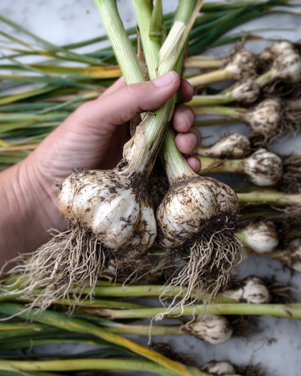 A woman's hand is holding two fresh garlic bulbs with long green stems and tangled roots. The garlic bulbs are light brown and white, covered with some soil. Many similar garlic bulbs with green stems and roots lie scattered closely together on a white marbled surface in the background. The photo shows clear details of the garlic's texture and natural colors photo taken with an iphone --ar 4:5 --v 7