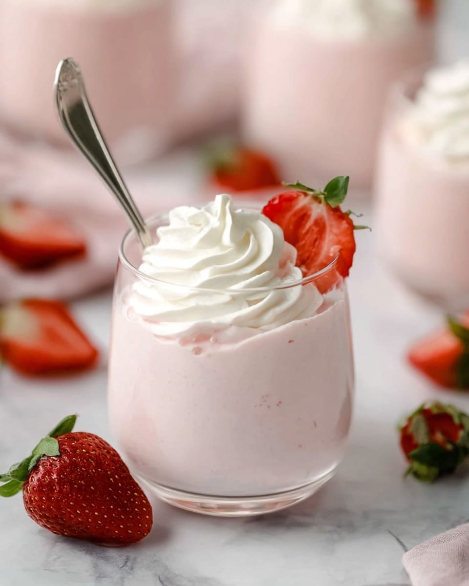 A clear glass filled with light pink strawberry mousse sits on a white marbled surface. The mousse has a smooth, creamy texture and is topped with a white swirl of whipped cream arranged in a circular pattern near the rim. On top of the whipped cream sits a fresh, halved strawberry with green leaves, adding a bright red and green color contrast. A silver spoon is partially dipped inside the mousse, with its handle resting on the edge of the glass. In the background, there are whole and halved strawberries scattered around and other similar glasses filled with the same mousse. Photo taken with an iphone --ar 4:5 --v 7