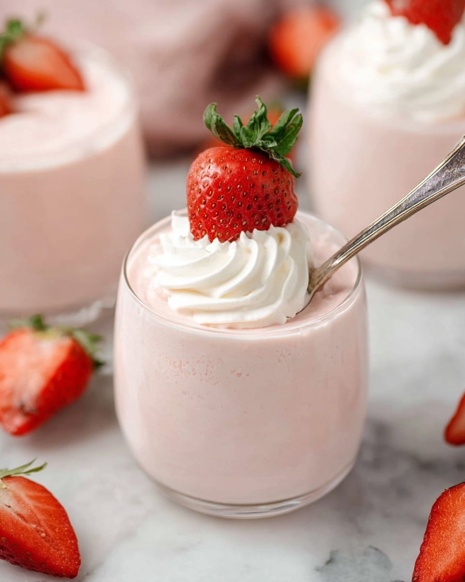 A clear glass holds a pale pink creamy dessert filling most of the glass, topped with a swirl of white whipped cream arranged in a circular pattern, and a half slice of red strawberry with green leaves placed on top of the cream. A silver spoon rests inside the glass, partly covered by the dessert and cream. Around the glass, whole and half strawberries with green leaves sit on a white marbled surface. The background is soft and blurred with other similar dessert glasses visible. Photo taken with an iphone --ar 4:5 --v 7
