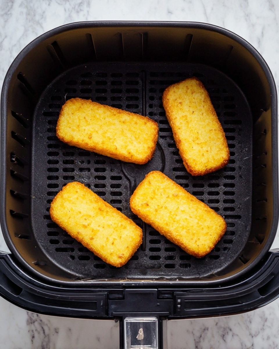 Inside a black air fryer basket, there are four golden yellow, rectangular snacks with rounded edges placed evenly apart in a square shape. The snacks have a slightly textured surface with light brown hints indicating a crispy outer layer. The air fryer basket has small rectangular ventilation holes at the bottom and a white marbled textured surface beneath it. The image is well-lit and clear. photo taken with an iphone --ar 4:5 --v 7