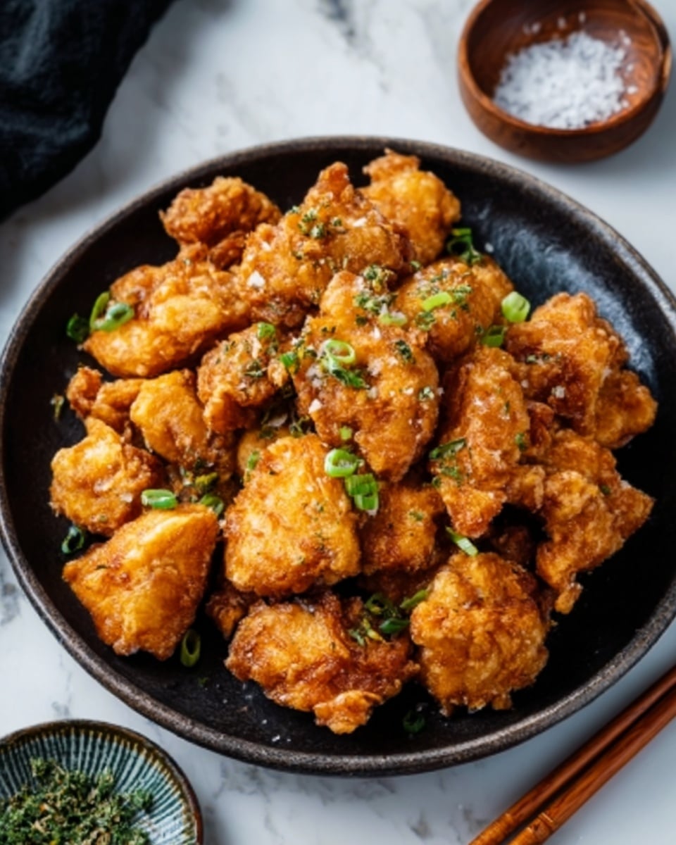 A black bowl holds many pieces of fried chicken coated in a crispy golden brown batter. The chicken pieces are chunky and irregular in shape, showing a crunchy texture. Small green onion slices are sprinkled on top, adding a fresh green contrast. The bowl rests on a white marbled surface with a pair of brown wooden chopsticks placed on the right side. Nearby, a small round wooden bowl with coarse salt and a green herb garnish are partially visible. Photo taken with an iphone --ar 4:5 --v 7