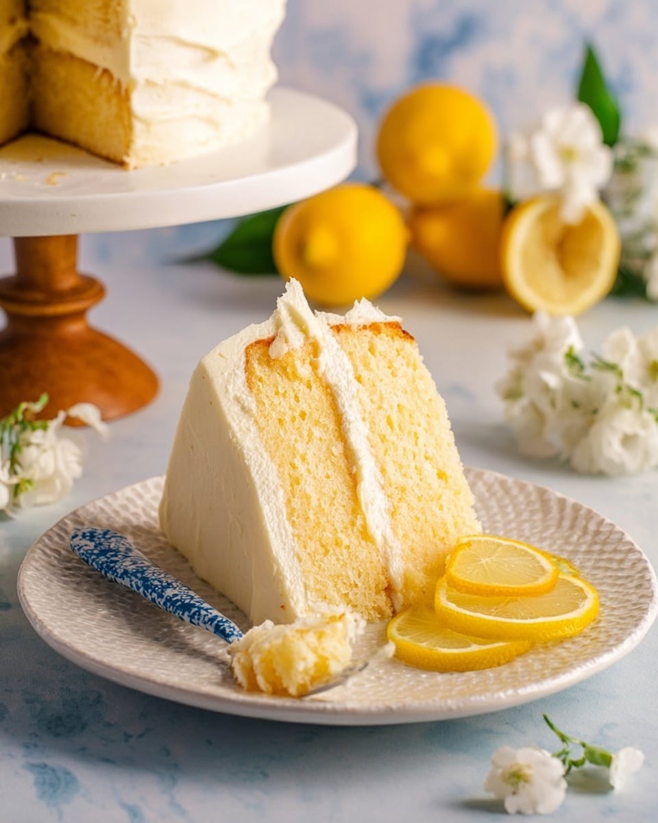The image shows a slice of three-layer lemon cake on a white plate with a textured edge. Each cake layer is light yellow and soft, separated by a creamy, smooth white frosting. The outside of the slice is fully covered with the same white frosting. A small piece of cake is on a blue and white patterned fork resting on the plate near the front. Thin, bright yellow lemon slices are placed behind the cake slice on the plate. In the background, whole and halved lemons and some white flowers are arranged on a white marbled surface, giving a fresh feel. A cake stand with a wooden base is partly visible behind the cake slice. photo taken with an iphone --ar 4:5 --v 7