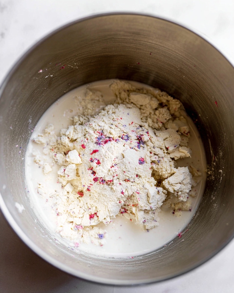 Inside a shiny metal bowl, there is a layer of thick white liquid at the bottom. On top of this liquid, there is a mound of off-white powder with small colorful specks scattered throughout, mainly red and purple. The powder looks dry and crumbly, with some cracks and uneven texture on the surface. The bowl sits on a white marbled surface. photo taken with an iphone --ar 4:5 --v 7