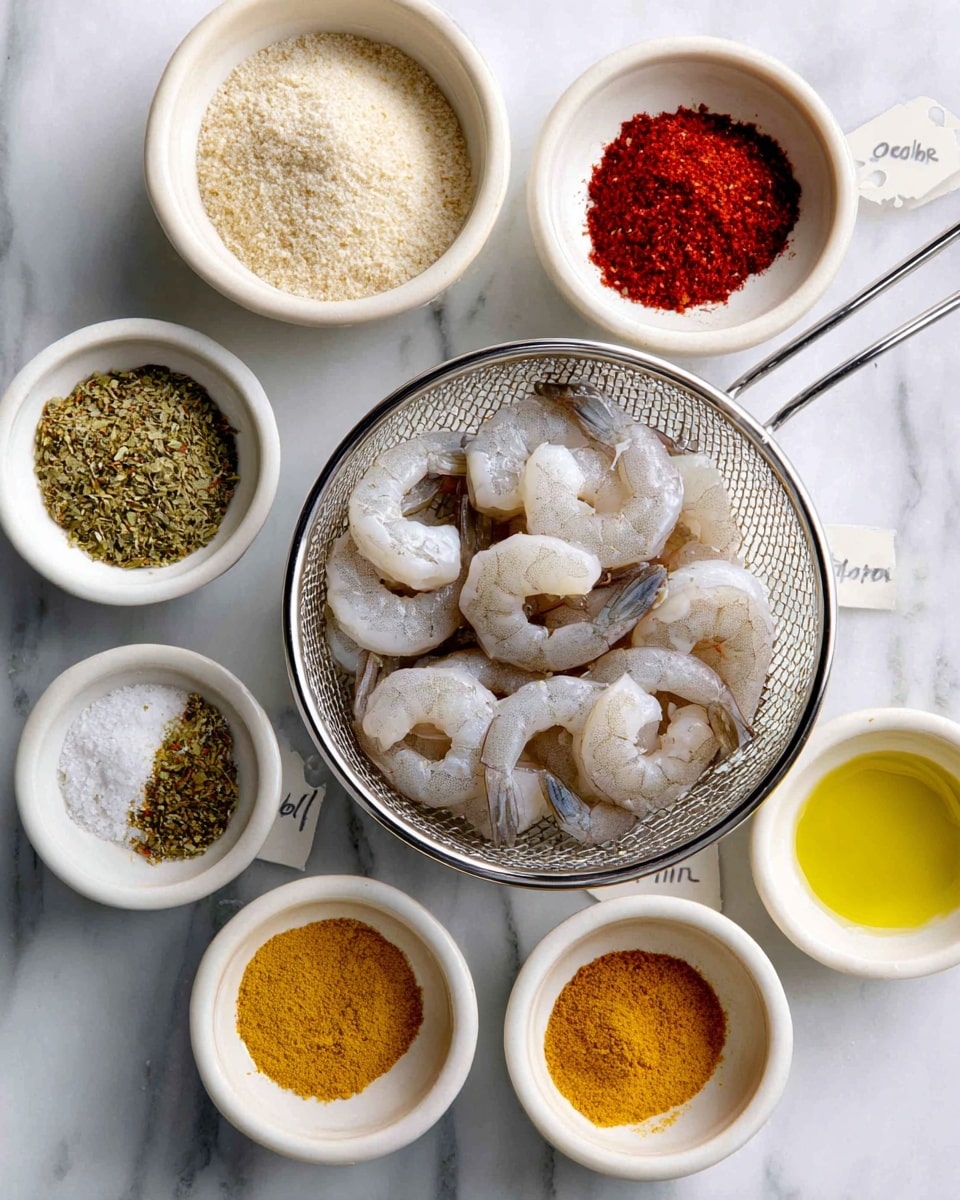 The image shows a white marbled surface with seven small white bowls, each containing a different spice or ingredient, arranged around a metal mesh bowl filled with raw shrimp. From left to right, top to bottom, the bowls contain pale beige garlic powder, bright red cayenne pepper, greenish dried oregano, light beige onion powder, white salt, golden yellow oil, and reddish paprika. The shrimp in the metal bowl are light pinkish-gray and arranged loosely in a pile. Each ingredient is labeled with bold black text on white tags placed near their respective bowls. photo taken with an iphone --ar 4:5 --v 7