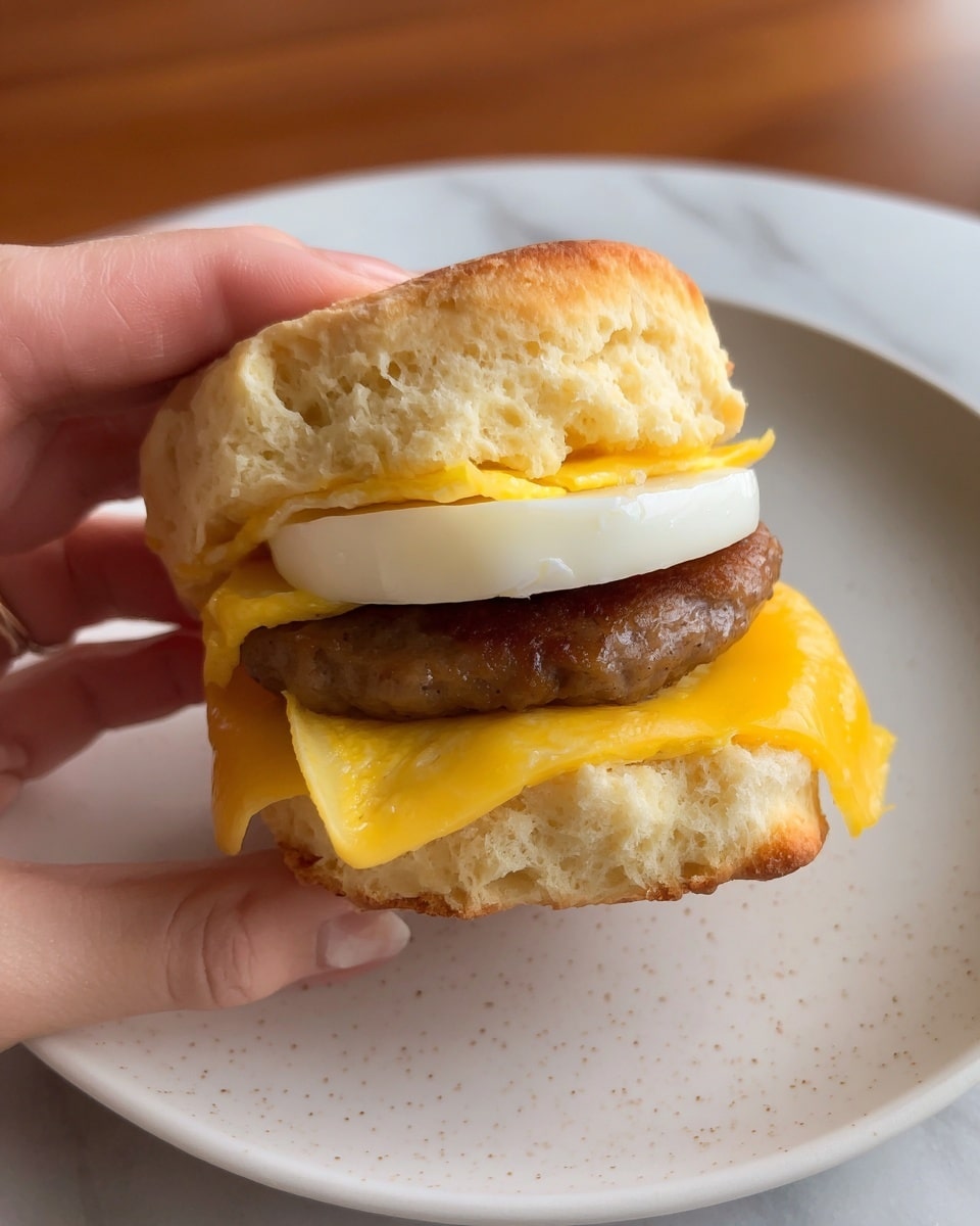 A close-up view of a small sandwich held by a woman's hand, showing three visible layers: the bottom layer is a light golden, soft biscuit with a fluffy and slightly crumbly texture; above it is a cooked sausage patty in a dark brown color with a slightly crispy surface; next is a bright yellow slice of melted cheddar cheese that drapes over the sausage; on top is a smooth, white, round piece of egg, followed by the top half of the biscuit, which is golden brown and has a porous, soft texture. The sandwich is held above a white plate that has slight speckles, placed on a white marbled surface. photo taken with an iphone --ar 4:5 --v 7