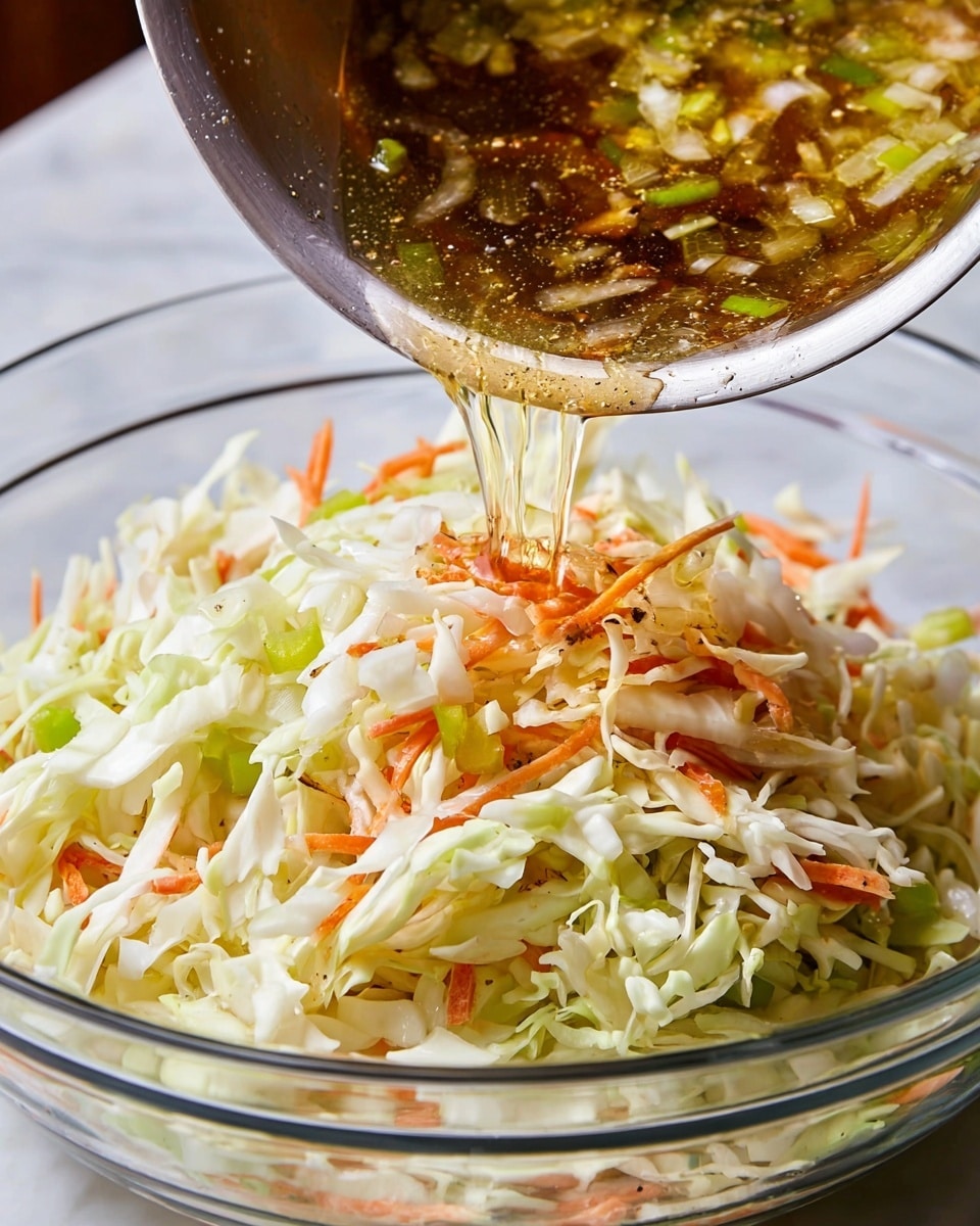 A clear glass bowl filled with a mix of shredded white and light green cabbage, thin strips of orange carrot, and small bits of green pepper, creating a colorful and fresh layer at the bottom. Above this, a silver pan pours a warm dressing, containing soft translucent white onion slices, green pepper pieces, and a light brown seasoning, which flows in thin streams onto the vegetables below. The bowl sits atop a white marbled surface, and the scene captures the moment the liquid dressing meets the shredded vegetables, showing a mix of textures and colors. Photo taken with an iphone --ar 4:5 --v 7