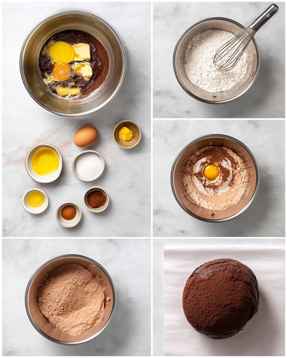 A collage of six images shows the steps of making a chocolate dough ball on a white marbled surface. The first image shows an empty silver mixing bowl with small bowls around it holding yellow butter, brown sugar, a brown egg, and cocoa powder. The second image shows the silver bowl with white flour and dark brown cocoa powder on top, with a silver whisk resting inside and the same bowls around it. The third image shows the silver bowl filled with mixed light brown powder with a smooth texture inside, and the small bowls nearby. The fourth image shows the silver bowl with the powder mixed evenly and a black spoon resting on the right side, with the small bowls partially visible next to it. The fifth image shows the silver bowl with the same powder inside, but now with yellow butter, vanilla, and egg yolks added in the center and not yet mixed, with the small bowls around. The last image shows a single smooth dark chocolate dough ball resting on white parchment paper. Photo taken with an iphone --ar 4:5 --v 7