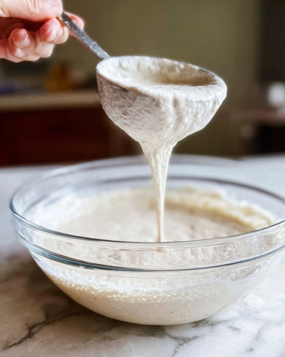 A clear glass bowl filled with thick, light beige batter with small bubbles on the surface sits on a white marbled surface. A metal measuring cup is lifted above the bowl, full of the same batter, with the batter slowly dripping down the side. A woman's hand is holding the handle of the measuring cup. The background is softly blurred, focusing attention on the batter’s texture. Photo taken with an iphone --ar 4:5 --v 7