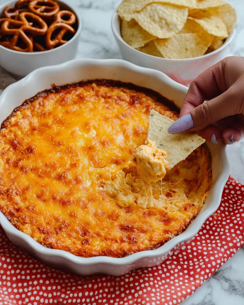 In the image, a white scalloped round baking dish holds a warm dip with a bubbly golden-orange melted cheese crust on top. Inside the dish, the dip's texture looks creamy and slightly stringy from the melted cheese, showing a mix of light and darker golden shades. A woman's hand with long, painted nails in lavender with one glittery nail is dipping two pale beige triangular tortilla chips into the dip, lifting some of the cheesy mixture. In the background, there are two white bowls, one filled with more pale beige tortilla chips and the other with small brown pretzels, all set on a white marbled surface with a red and white polka dot cloth partially visible. Photo taken with an iphone --ar 4:5 --v 7