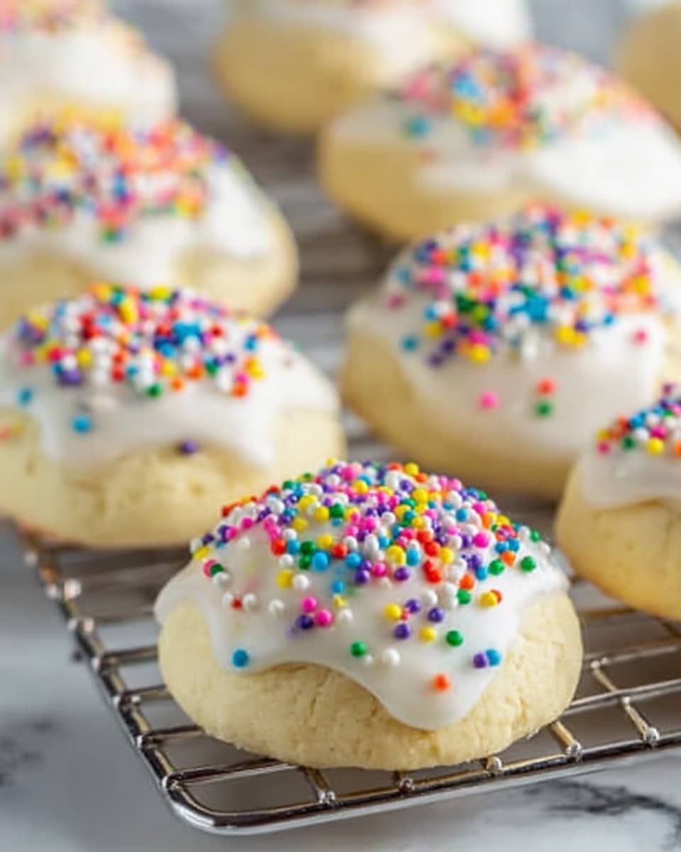 The image shows several small, round cookies placed on a metal cooling rack over a white marbled surface. Each cookie has two layers: the bottom part is soft and light yellow, with a smooth texture, and the top part is a thick white icing layer that looks smooth and slightly shiny. On top of the white icing, there are many tiny, bright, and colorful round sprinkles covering the surface. The cookies are close to each other, filling the space on the rack with a few blurred ones in the background. photo taken with an iphone --ar 4:5 --v 7