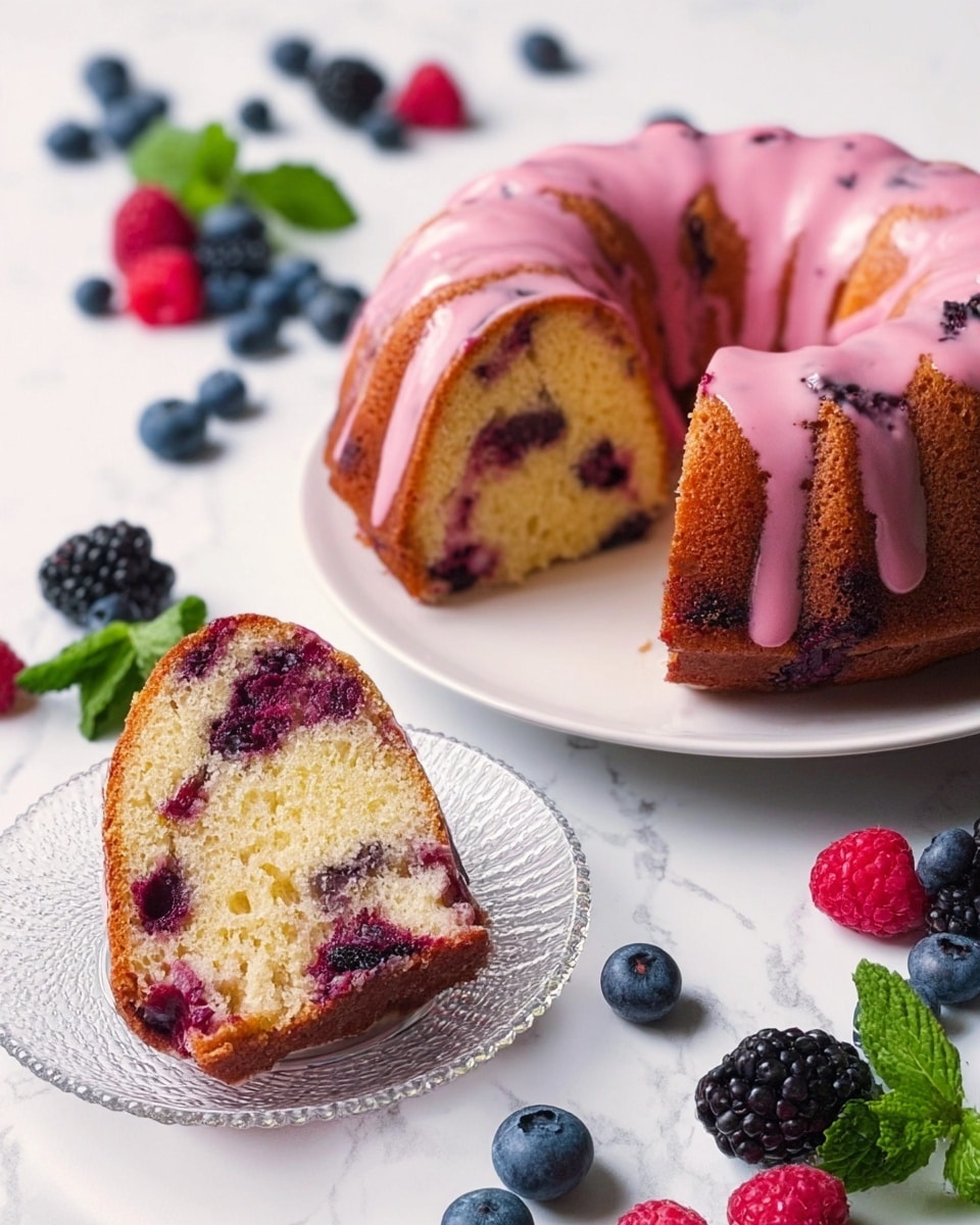 A round bundt cake with a golden brown outer layer and a soft, light yellow inside filled with scattered dark purple berries is placed on a white plate. The cake is topped with a shiny pink glaze that drips gently down the sides. A single slice of the cake sits on a clear glass plate to the left, showing the berry spots and the moist texture inside. Around the plates and on the white marbled surface, fresh blueberries, blackberries, raspberries, and green mint leaves are scattered for decoration. A woman's hand is holding the edge of the glass plate. Photo taken with an iphone --ar 4:5 --v 7