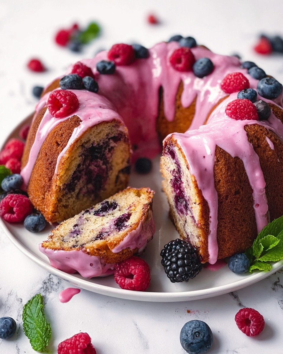 A round bundt cake with a rich golden-brown outside and light inside filled with dark purple berries, topped with thick, bright pink icing that drips down the sides. The cake is placed on a white plate, resting on a white marbled surface. Around the plate, there are scattered fresh raspberries, blueberries, and a blackberry, along with some green mint leaves. A slice of the cake is lifted slightly, showing the berry-filled inside with the same pink icing on top. Photo taken with an iphone --ar 4:5 --v 7