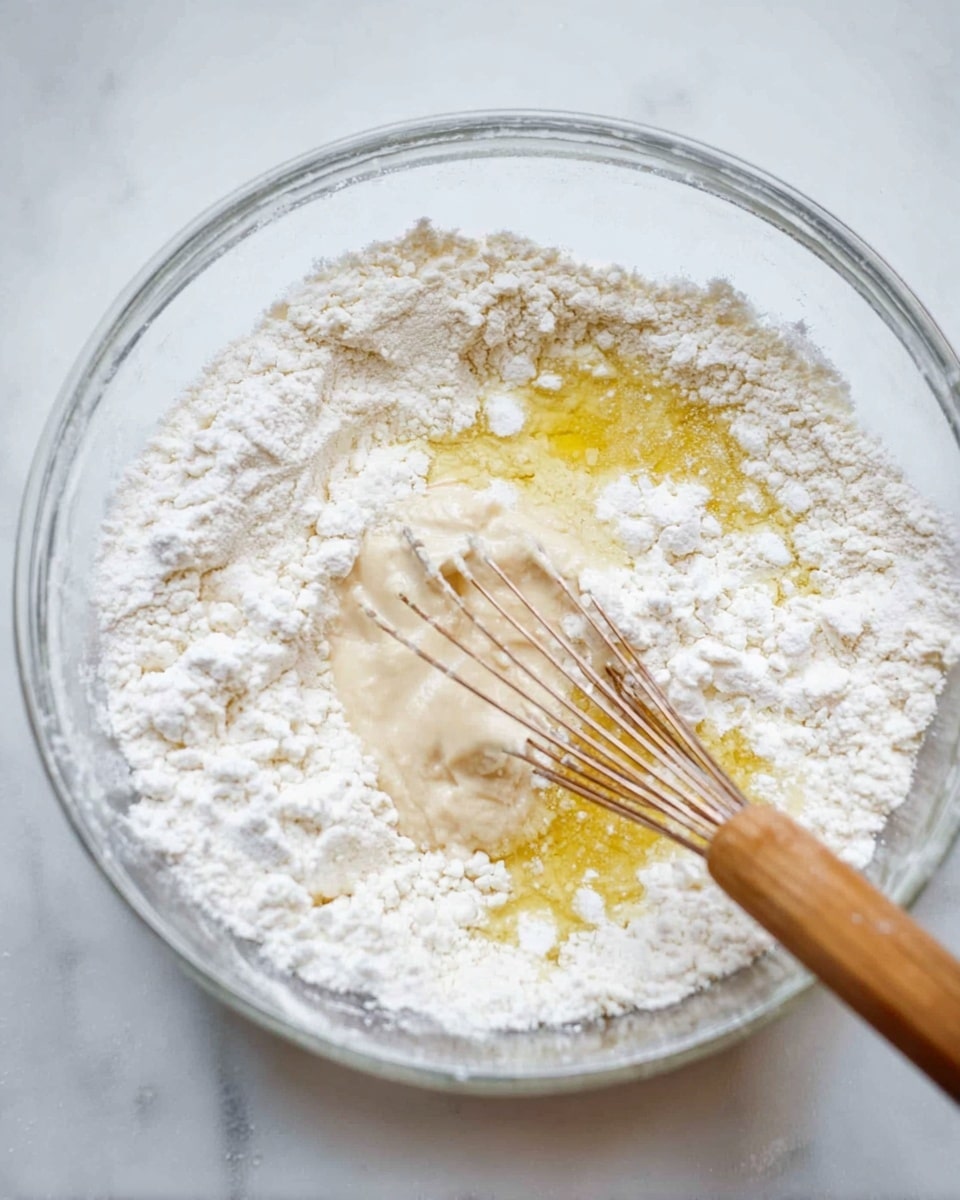 A clear glass bowl sits on a white marbled surface, containing a mixture of white flour with a powdery texture, some yellow liquid likely oil or melted butter pooling on one side, and a pale beige creamy substance spread unevenly near the center. A whisk with thin metal wires and a light brown wooden handle is partially submerged in the mixture on the right side of the bowl. The ingredients show early stages of mixing with some clumps of flour still visible. photo taken with an iphone --ar 4:5 --v 7