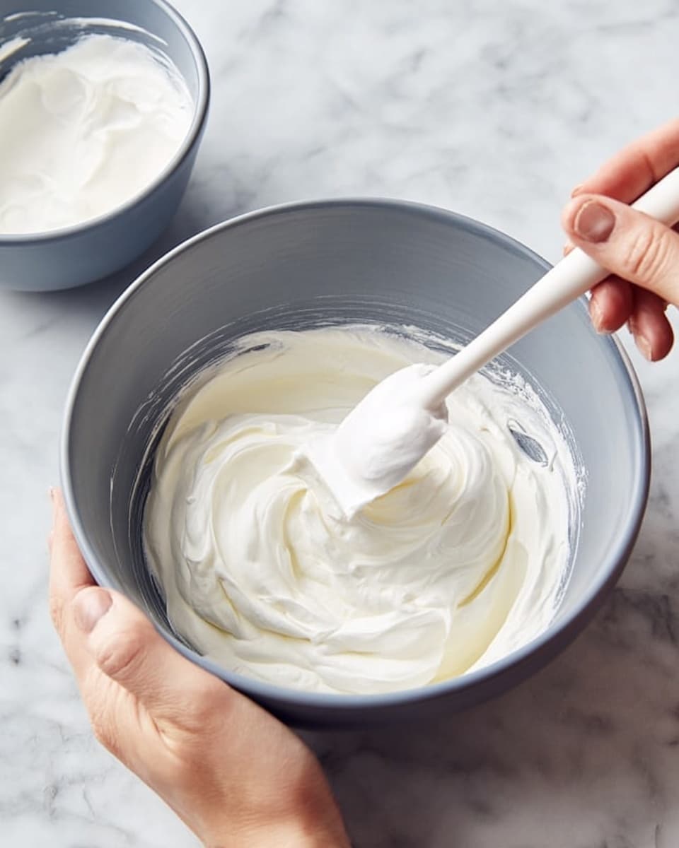 A close-up view of white creamy whipped mixture in a medium gray bowl, being stirred by a white spatula held by a woman's right hand, while a woman's left hand holds the bowl steady on a white marbled surface. In the background, another gray bowl contains more of the whipped white cream. The mixture looks smooth and soft, with gentle swirls on its surface. photo taken with an iphone --ar 4:5 --v 7