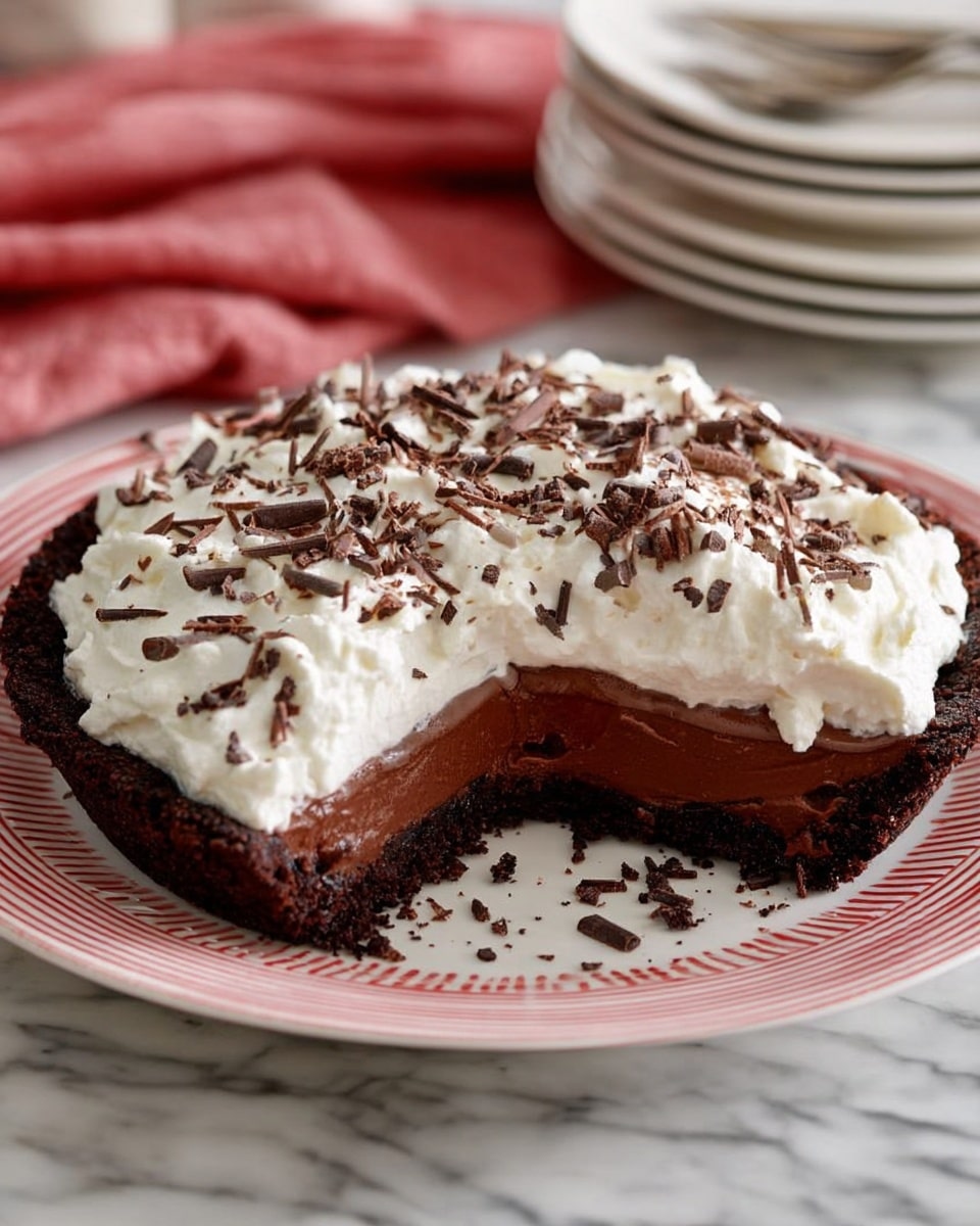 The image shows a chocolate tart with three main layers. The bottom layer is a dark, thick chocolate crust that looks firm and crumbly. Above it is a smooth, thick chocolate filling with a rich brown color. On top, there is a big, fluffy pile of white whipped cream, swirled in soft peaks across the whole surface of the tart. Dark brown chocolate shavings are scattered over the whipped cream, adding texture and contrast. The tart sits on a white plate with a thin red line around the edge, placed on a white marbled surface. In the background, there is a pink cloth and stacked white plates. photo taken with an iphone --ar 4:5 --v 7
