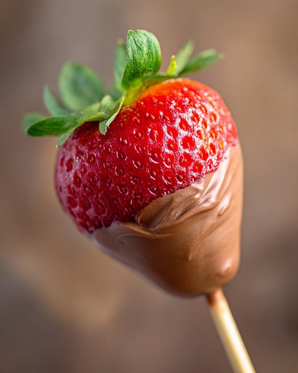 A close-up of a single bright red strawberry with green leaves on top, dipped halfway into smooth, light brown chocolate. The strawberry is held by a thin wooden stick inserted at the green leaves, showing the glossy texture of the fruit and the matte texture of the chocolate below. The background is blurred with a soft brown color. photo taken with an iphone --ar 4:5 --v 7