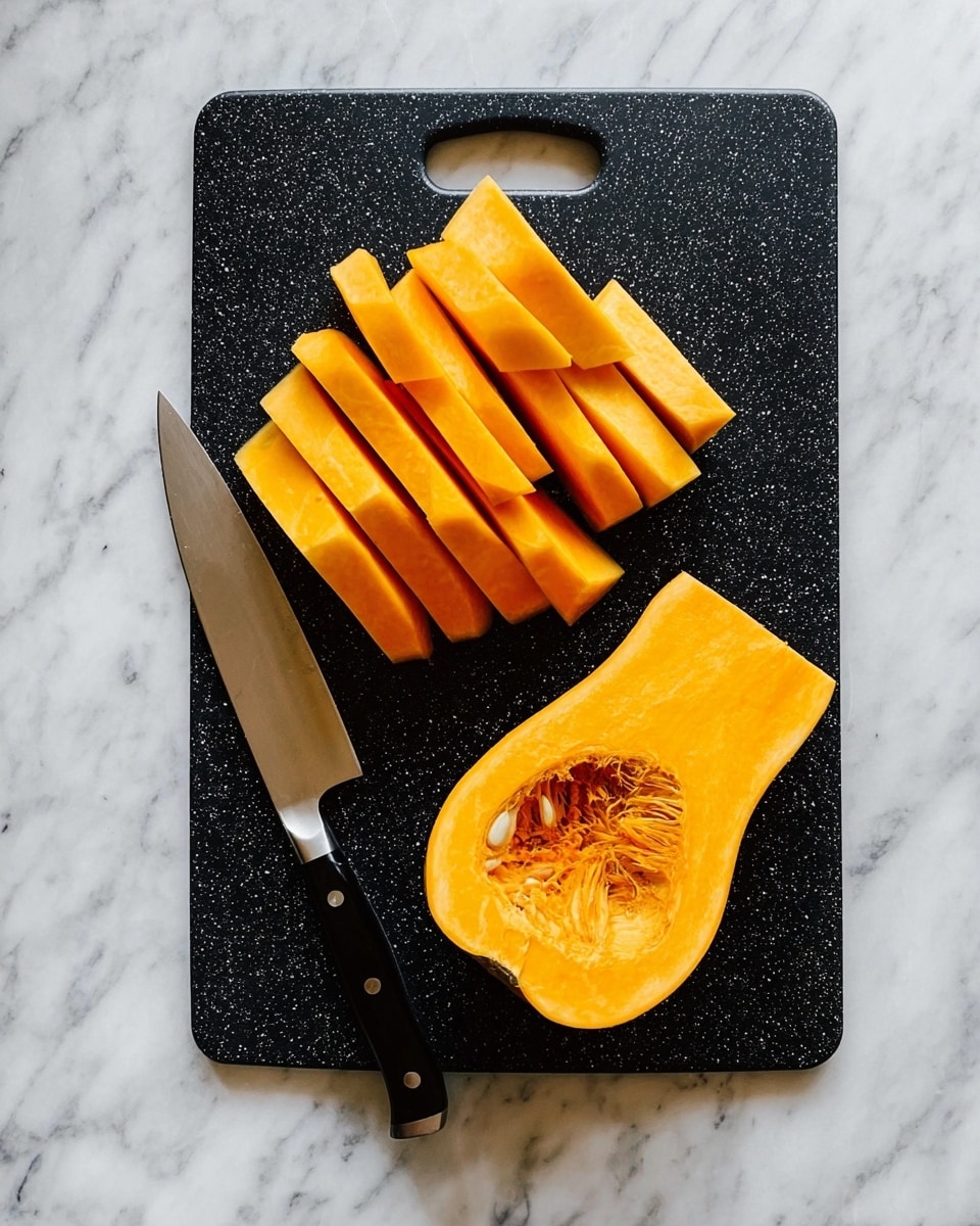 A black cutting board with white specks holds bright orange sliced pumpkin on a white marbled textured surface. The pumpkin is cut into two parts: the right side shows a larger piece with a brownish hollow where the seeds used to be, and the left side has several evenly sliced thick pieces fanned out above rectangular slices. A stainless steel knife with a black handle rests on the bottom left edge of the cutting board. photo taken with an iphone --ar 4:5 --v 7