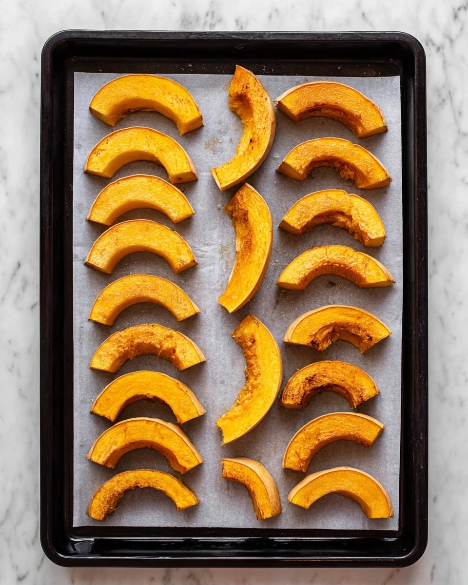 The image shows a black baking tray lined with white parchment paper, holding neatly arranged sliced pieces of roasted orange squash. There are four vertical rows of squash slices. The left three rows consist of half-moon shaped pieces varying in size, from large at the top to small at the bottom, with a roasted, slightly browned texture. The right row contains thicker crescent-shaped pieces, also roasted with golden-brown edges, uniformly placed and curved upward. The tray is placed on a white marbled surface. Photo taken with an iphone --ar 4:5 --v 7