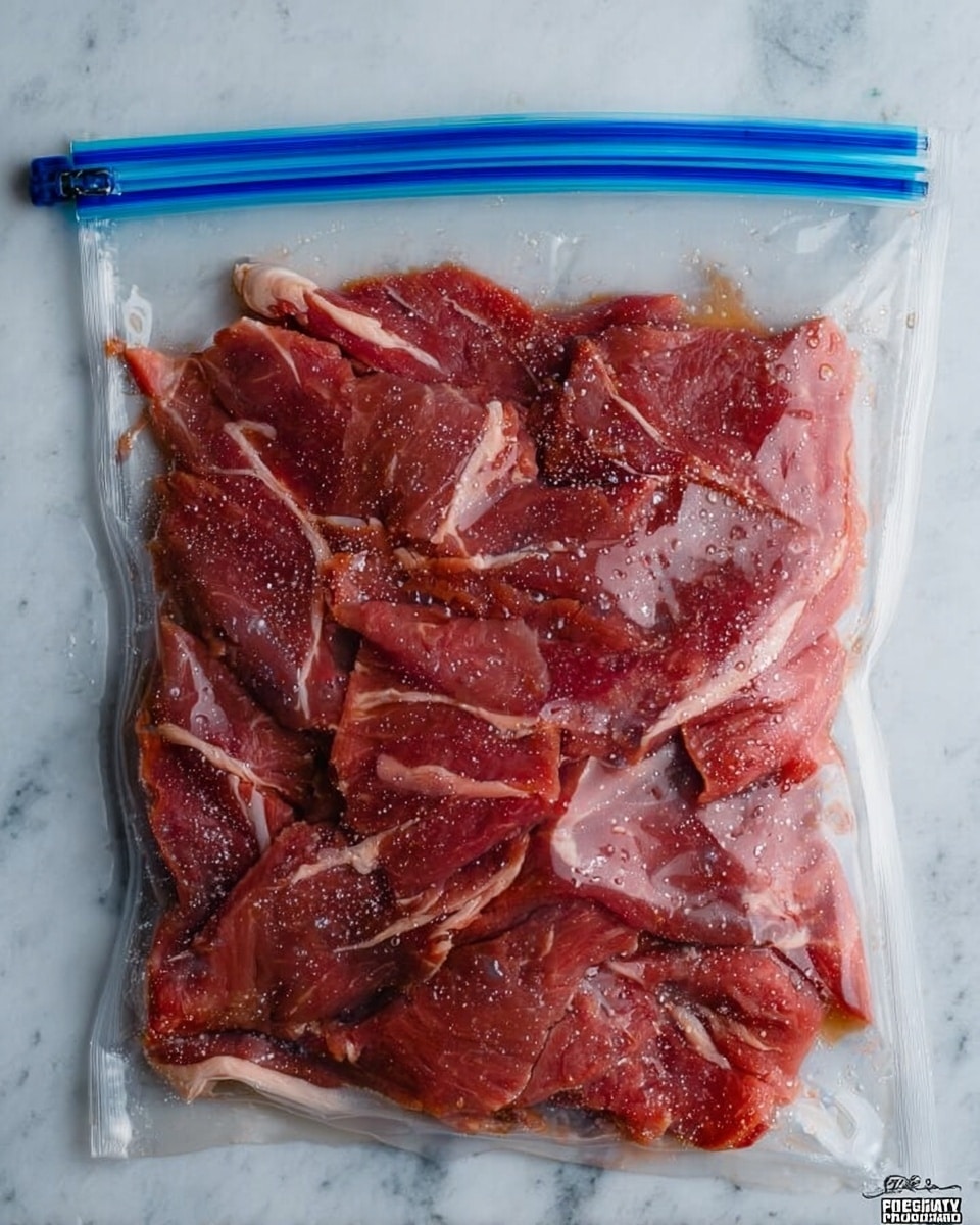 The image shows thin slices of raw red meat with some white fat marbling, tightly packed inside a clear plastic ziplock bag. The meat has a rich red color with light pink and white streaks from the fat. The bag is sealed at the top with a blue zipper, and the meat inside appears wet and shiny, showing small pools of clear liquid around it. The bag lies flat on a white marbled surface with subtle grey veins. photo taken with an iphone --ar 4:5 --v 7