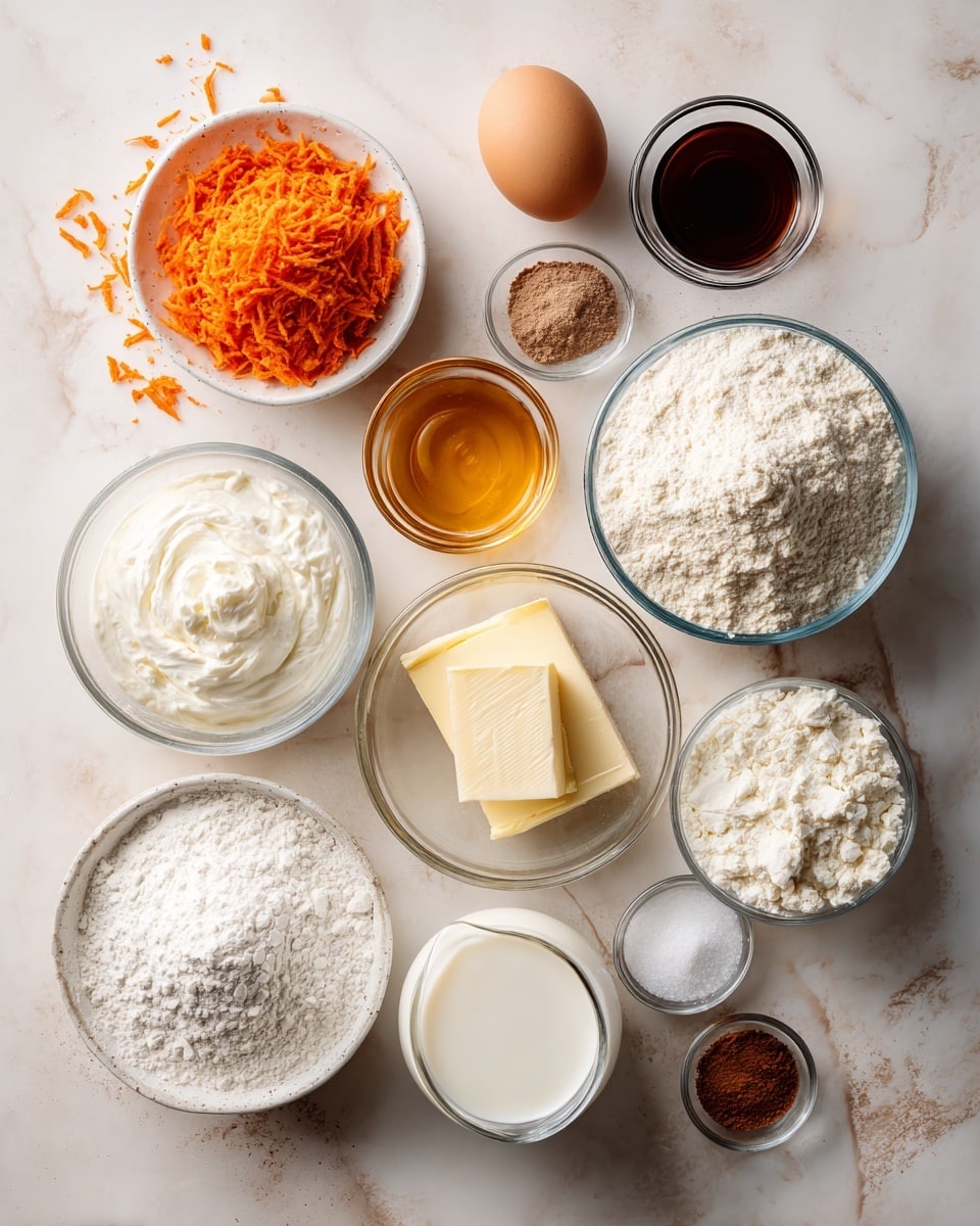 The image shows multiple clear glass bowls and white bowls placed on a white marbled surface, each filled with different baking ingredients arranged neatly. Starting from the top left corner, there is finely shredded orange carrot in a white bowl, followed by a whole light brown egg beside a glass bowl with dark vanilla extract. Next to that is a small glass bowl filled with golden honey. Moving down, a large glass bowl holds thick, white Greek yogurt, next to which is a small bowl with heavy cream showing a creamy, smooth texture. Adjacent is a white bowl containing a rectangular block of pale yellow butter. Below these, a glass bowl is filled with fluffy white protein powder, a glass of milk with a smooth, white liquid, and a small glass bowl with white cream cheese. At the bottom left is a white bowl loaded with powdered white sugar, beside a tiny glass dish of white baking powder. Finally, a large glass bowl holds a heap of coarse, off-white flour with a small pile in the center. Scattered in small glass bowls are brown cinnamon and nutmeg spices, and a small dish of salt completes the setup. The light creates a soft, natural look with subtle shadows. photo taken with an iphone --ar 4:5 --v 7