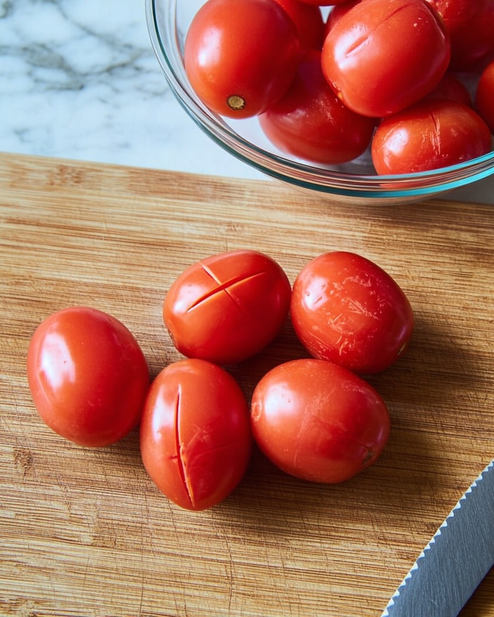 The image shows six medium-sized red tomatoes placed on a light brown wooden cutting board with many fine knife marks. Five tomatoes have shallow cross-shaped cuts on their tops, while one tomato is whole without cuts. On the left side, there is a transparent glass bowl filled with more whole red tomatoes. On the right side of the board, a serrated knife with a black handle is partially visible. The background has a white marbled texture. photo taken with an iphone --ar 4:5 --v 7