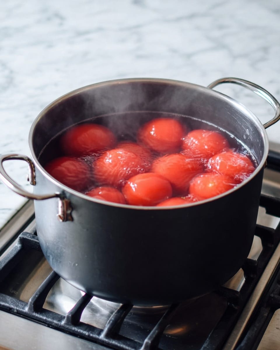 A black pot with silver handles filled with several bright red tomatoes covered by clear boiling water is placed on a stove. Light steam rises from the pot, and the tomatoes are fully submerged, their smooth surfaces visible through the water. The background shows a white marbled surface. photo taken with an iphone --ar 4:5 --v 7
