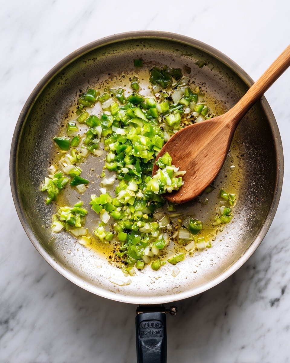 A round metal pan on a white marbled surface has small pieces of green pepper and white onion cooking in oil, spread out mostly on one side with some oil shining in the middle. A wooden spoon is resting inside the pan on the pepper and onion side. The pan handle extends out to the right and the bottom part shows part of a black electric stovetop. Photo taken with an iphone --ar 4:5 --v 7