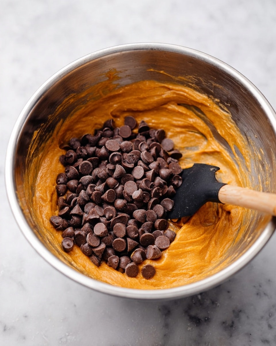 A shiny silver mixing bowl holds a thick, smooth orange batter filling most of the bowl, with a large pile of small dark brown chocolate chips sitting on top near the center. A black spoon with a wooden handle rests inside the bowl on the right side, touching the batter. The background surface is a white marbled texture. photo taken with an iphone --ar 4:5 --v 7