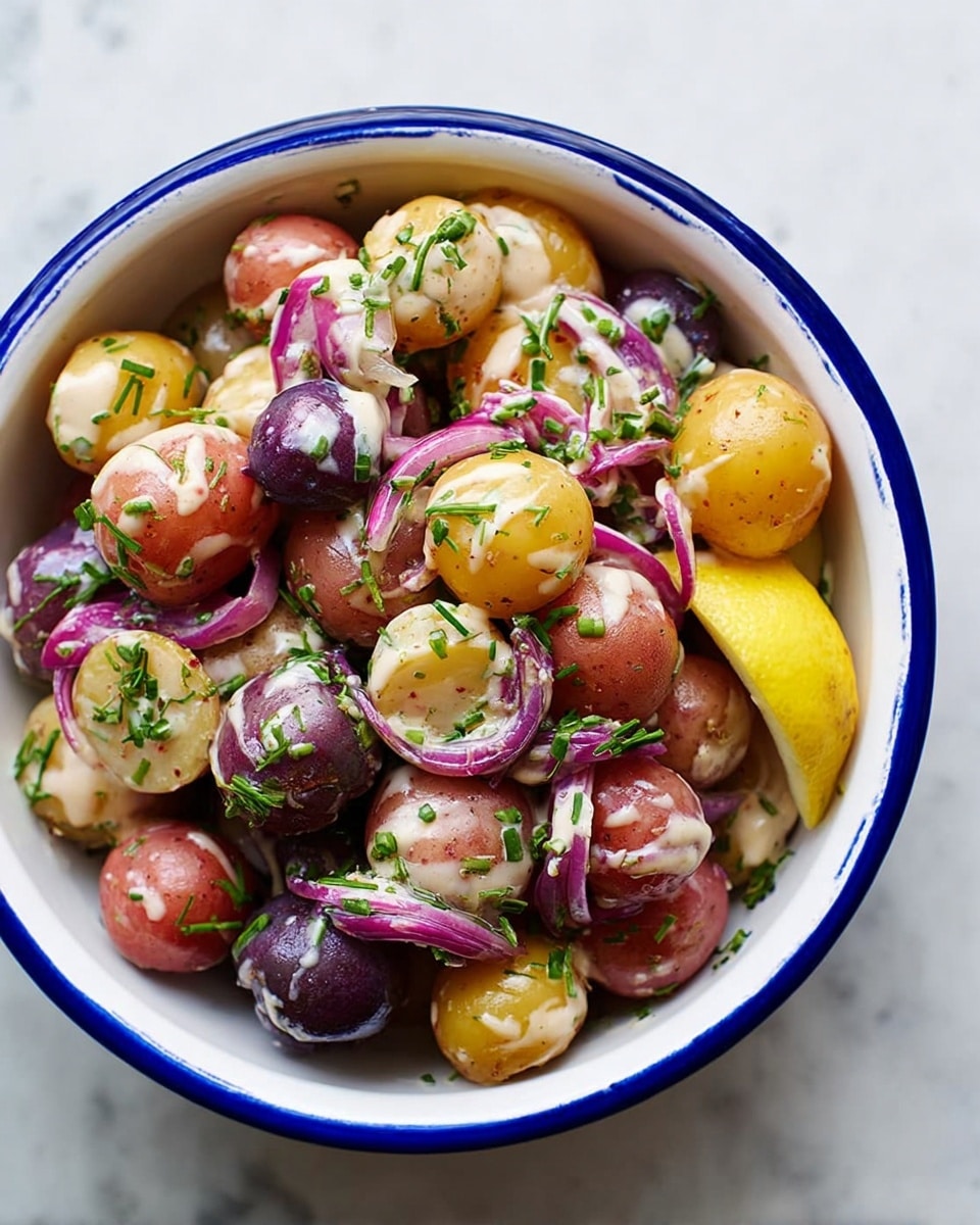 A white bowl with a blue rim holds a colorful potato salad with small round potatoes in red, yellow, and purple colors. Thin slices of red onion are mixed throughout the potatoes, adding a light purple color and thin texture. Small green chopped herbs are sprinkled over the salad for a fresh look. A creamy dressing is drizzled over parts of the salad, adding a smooth, light texture. A bright yellow lemon wedge rests on the edge of the bowl. The bowl sits on a white marbled surface. photo taken with an iphone --ar 4:5 --v 7