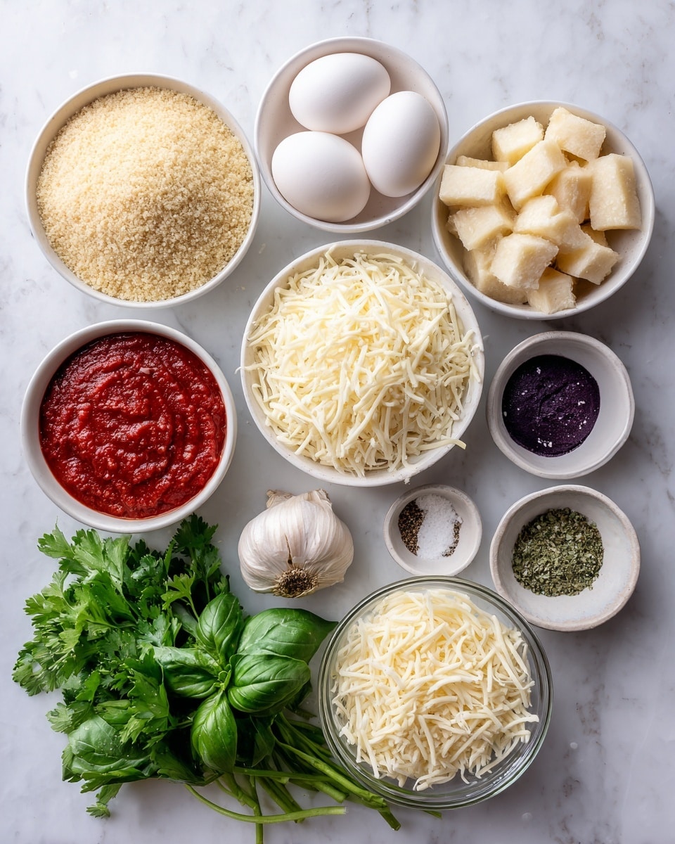 The image shows various cooking ingredients arranged neatly on a white marbled surface. At the top center is a white bowl filled with light tan panko breadcrumbs. To its right, a white bowl holds two white eggs. Below the breadcrumbs, another white bowl contains shredded mozzarella cheese, creamy white and soft in texture. To the left of the mozzarella is a small white bowl filled with rich red marinara sauce. Below the sauce bowl, a whole garlic bulb sits next to a bunch of fresh green basil leaves on the left side. At the bottom is a transparent glass bowl full of finely grated, pale yellow pecorino romano cheese. In the center right, a small white bowl contains a mix of salt, black pepper, and dry oregano. To the right of this bowl is a bunch of fresh green parsley leaves. On the left side, a white bowl contains chunky beige pieces of eggplant. The overall layout is clean and colorful, with fresh herbs and various textures visible. Photo taken with an iphone --ar 4:5 --v 7