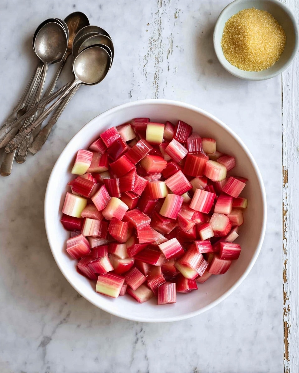 A white bowl filled with small cubes of rhubarb, showing layers of red skin and pale pink flesh mixed evenly. The bowl sits on a white marbled surface with a worn look. To the left, there are four metal measuring spoons stacked together, and on the top right side, there is a small bowl with yellow sugar. Photo taken with an iphone --ar 4:5 --v 7
